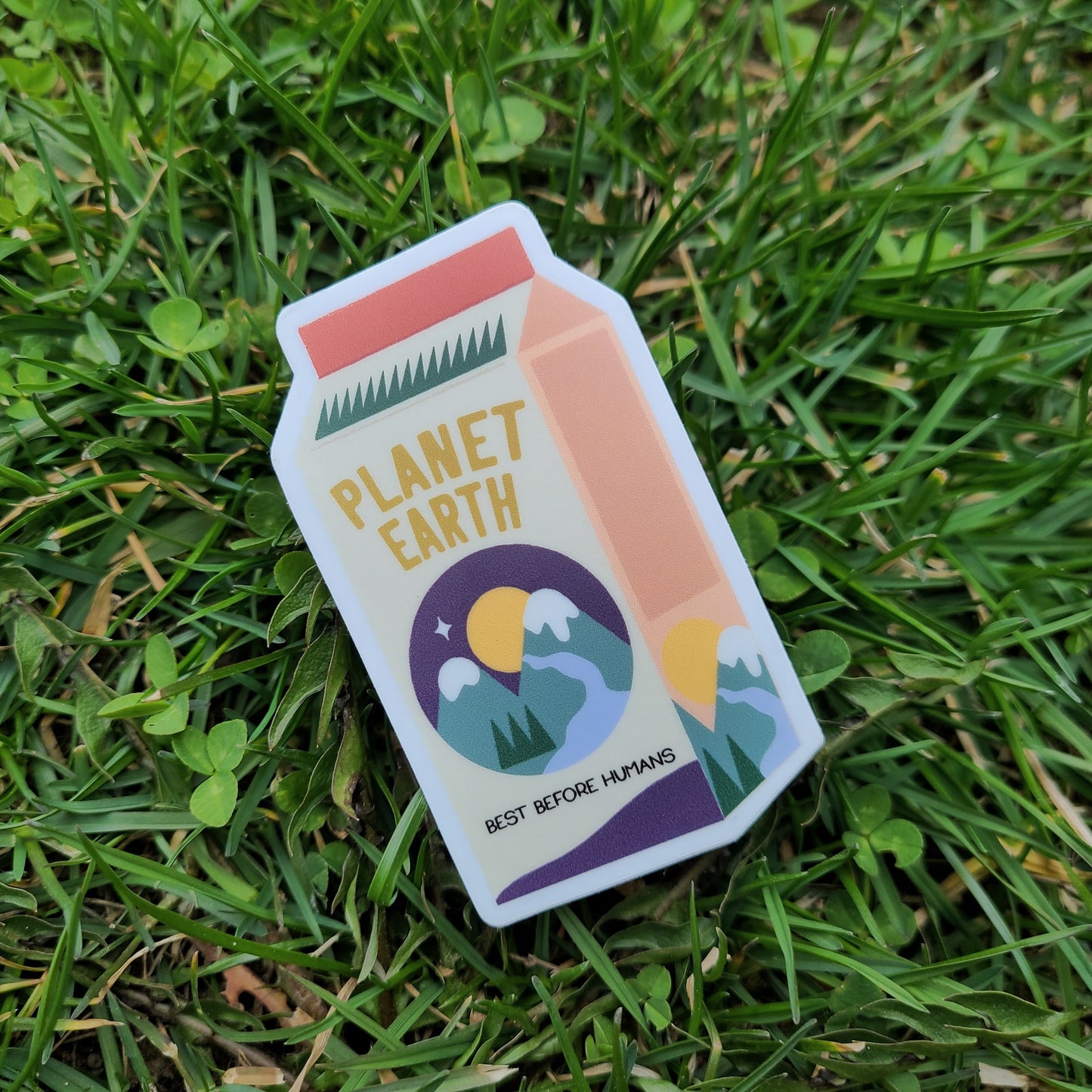 Best Before Humans vinyl sticker featuring a milk carton. Made in Canada by Mad Love Creative Co.