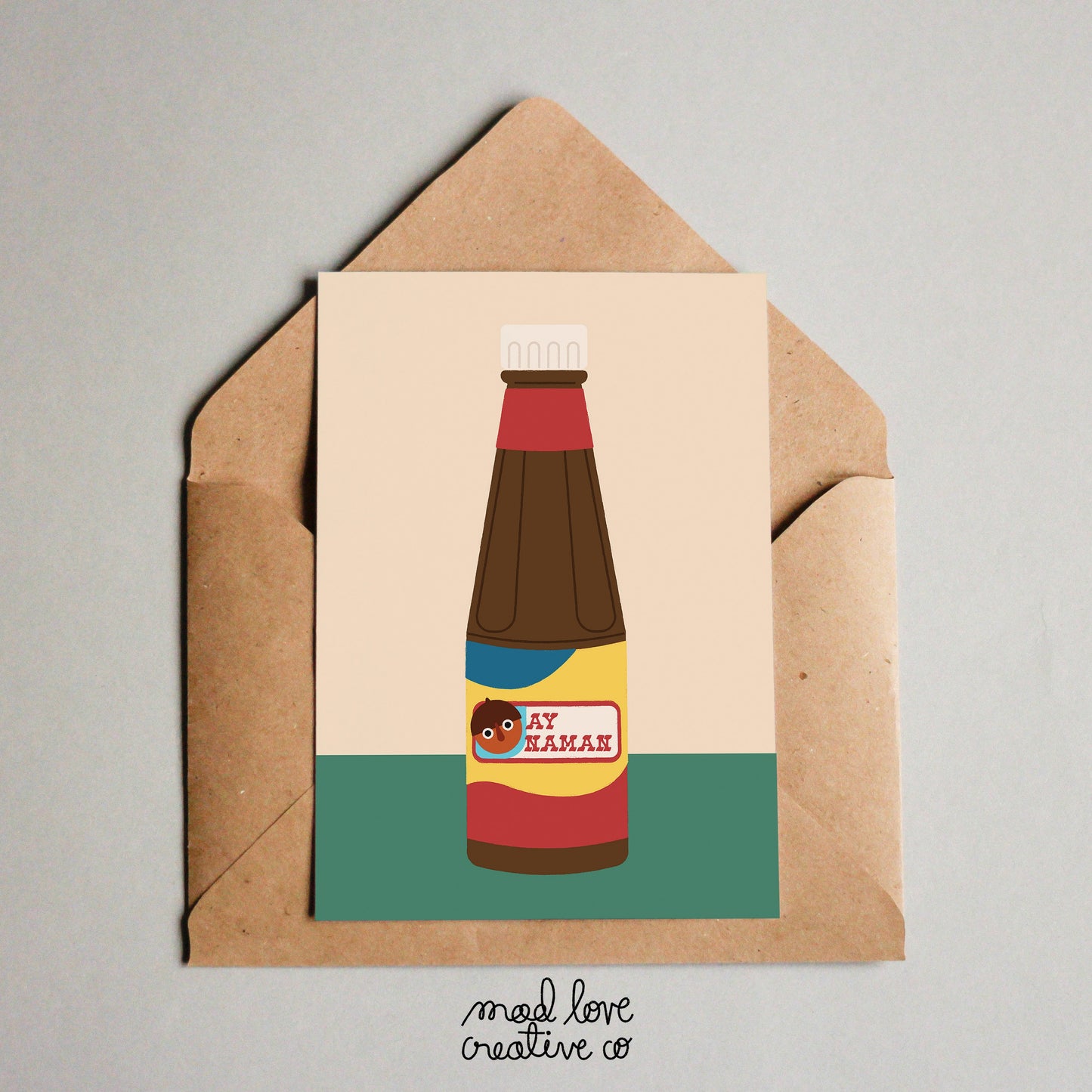 Funny Filipino theme greeting card of a lechon sauce bottle with the phrase "ay naman"