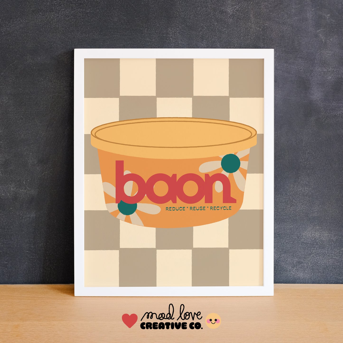 Framed Filipino-themed poster with a yellow tupperware and 'baon' branding on a checkered background. Made in Canada by Mad Love Creative Co.