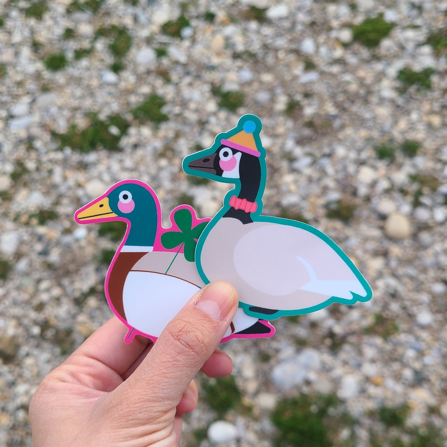 Cute vinyl bird stickers featuring a lucky duck and silly goose. Made in Canada by Mad Love Creative Co.