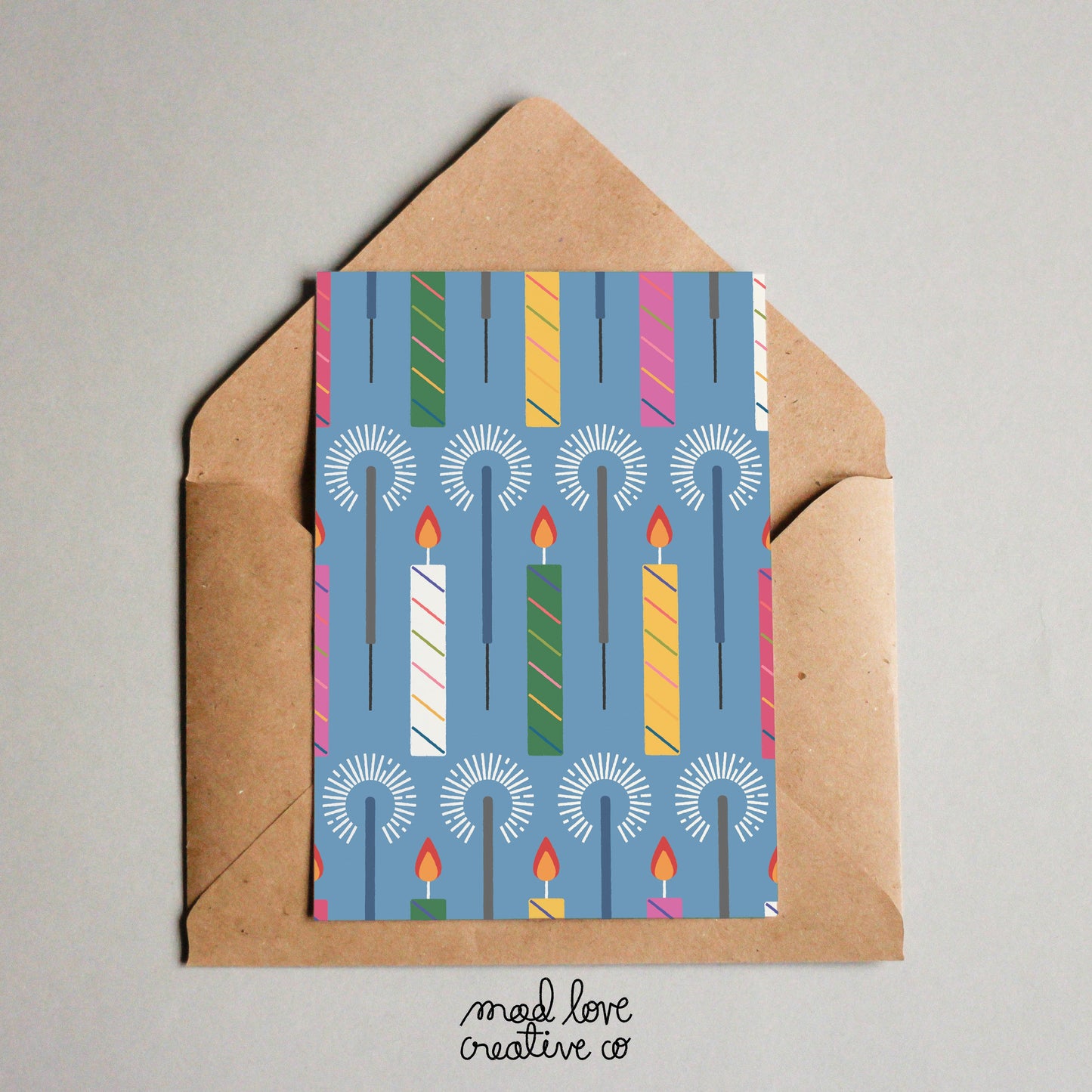 Fun birthday card with a pattern of sparklers and multi coloured candles.