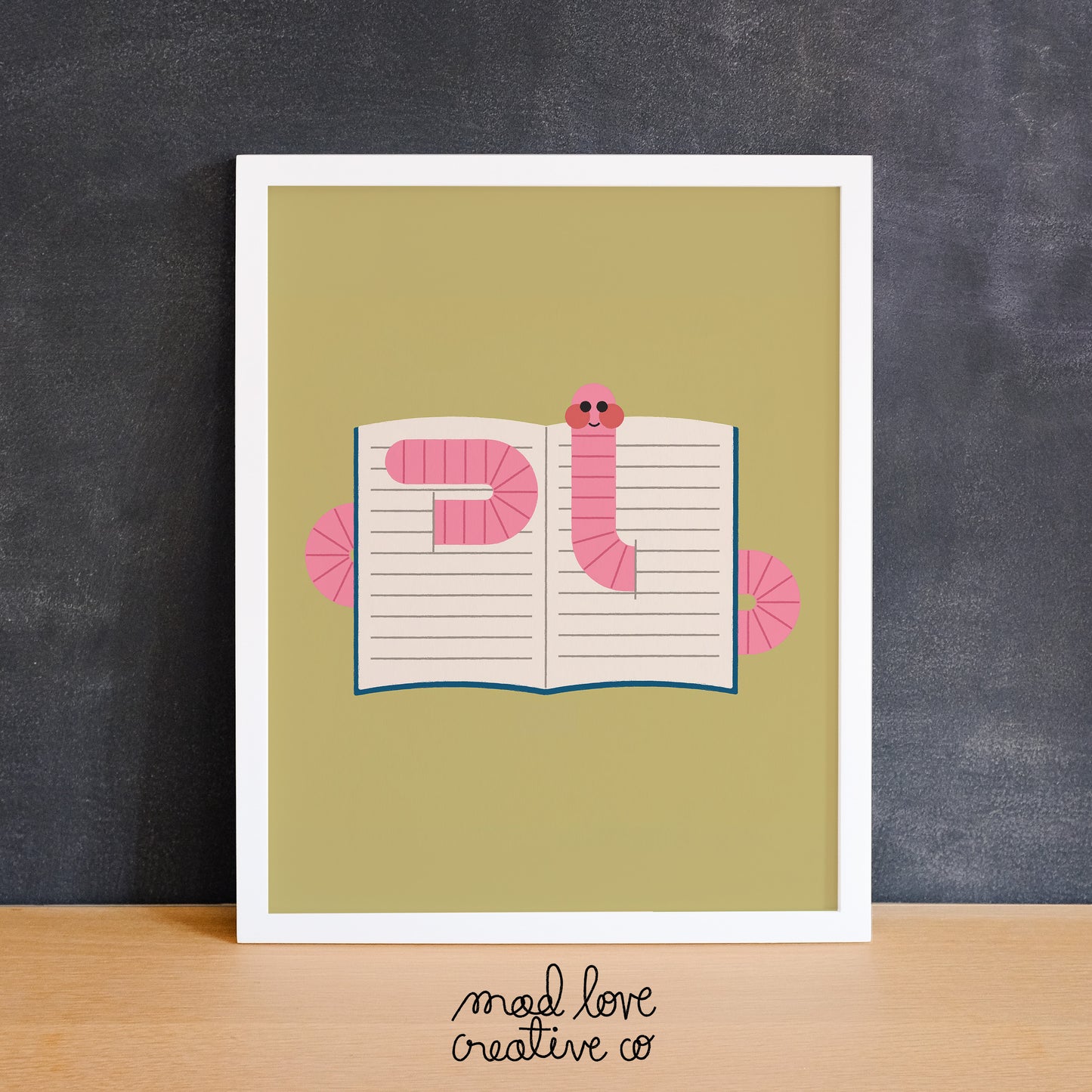 Quirky colourful print with a bookworm. Made in Canada by Mad Love Creative Co.