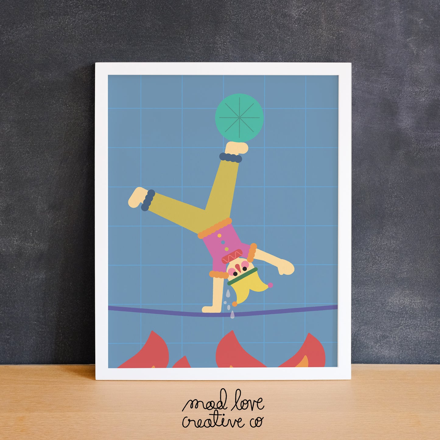 Funny print of a jester cartwheeling on a tight rope over flames. Made in Canada by Mad Love Creative Co.
