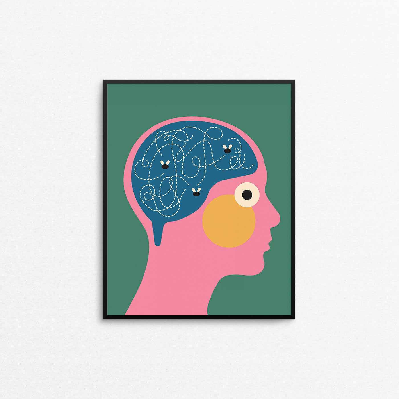 Funny print of a face with an open brain that has flies buzzing around it. Made in Canada by Mad Love Creative Co.