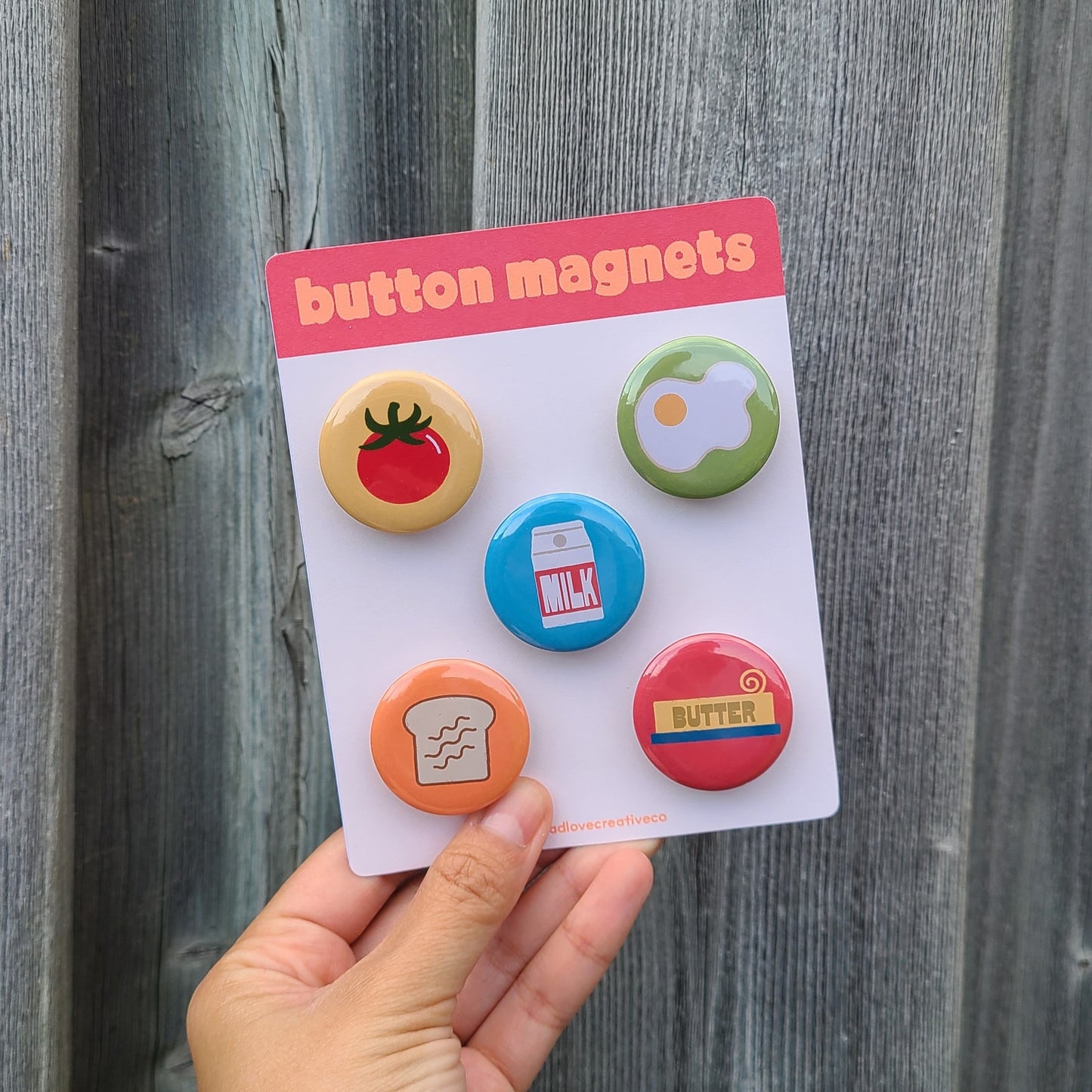 Set of button magnets featuring breakfast items. Made in Canada by Mad Love Creative Co.