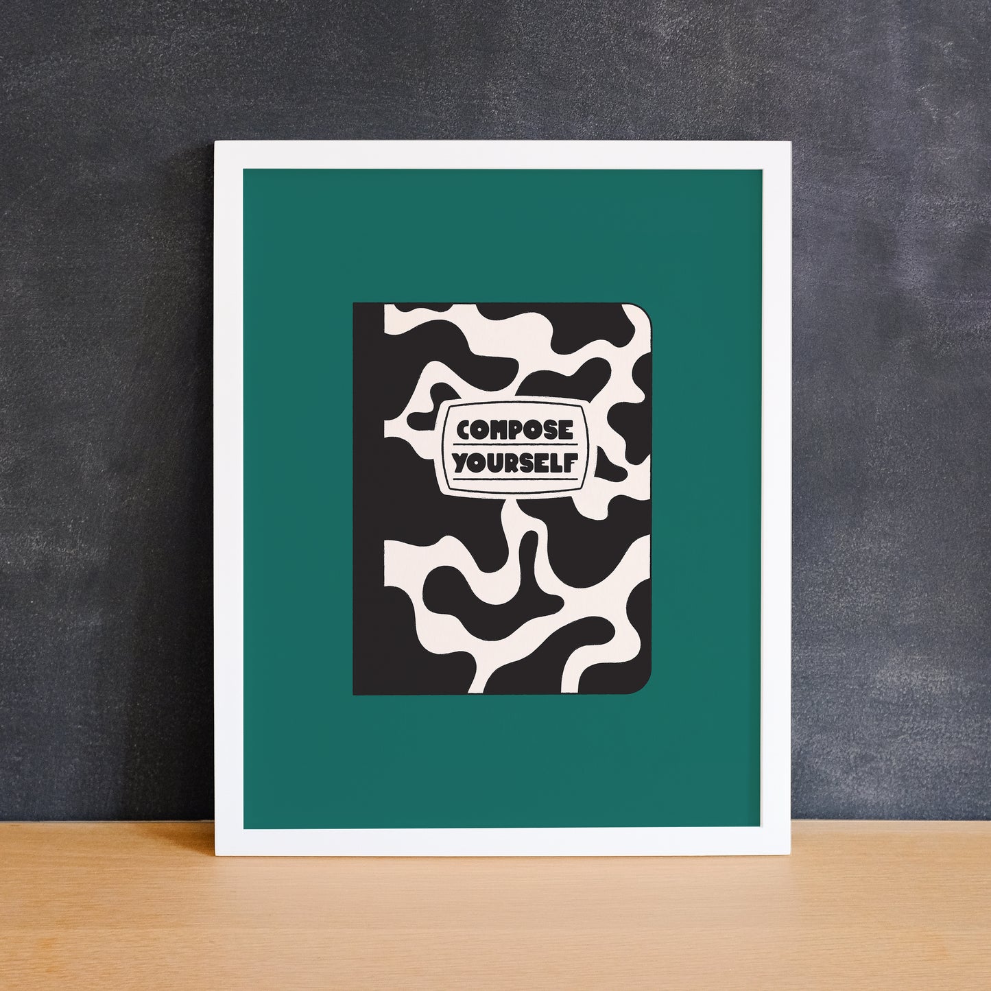 Funny print featuring a composition notebook that says "compose yourself". Made in Canada by Mad Love Creative Co.