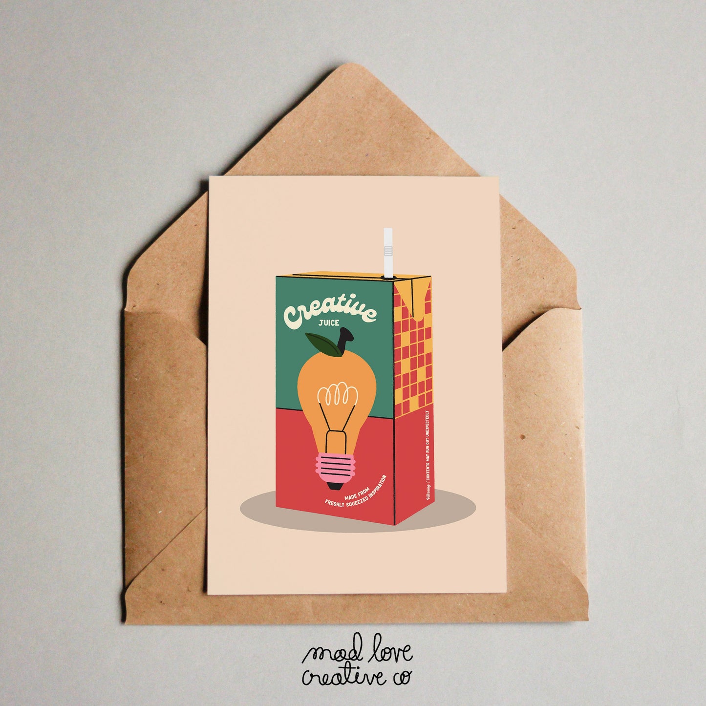 Fun creative juice greeting card with a fruit light bulb. Made in Canada by Mad Love Creative Co.