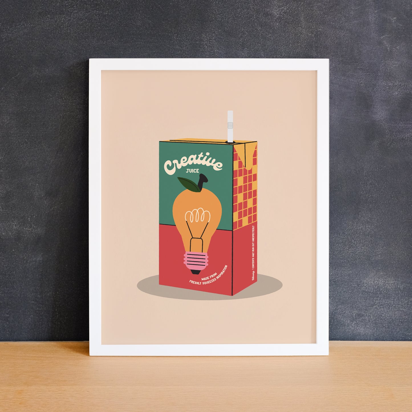 Cute print of a juice box with an orange lightbulb that says "creative juice". Made in Canada by Mad Love Creative Co.