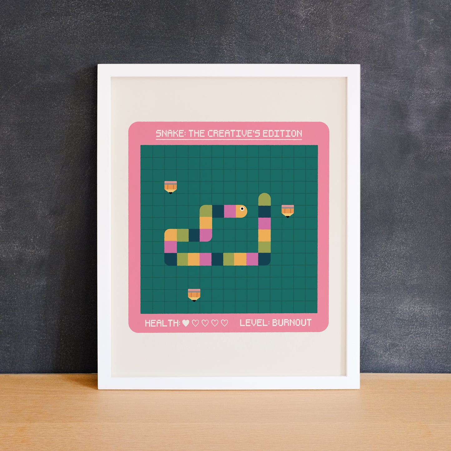 Colourful print showing the retro snake game but with a creative twist. Made in Canada by Mad Love Creative Co.