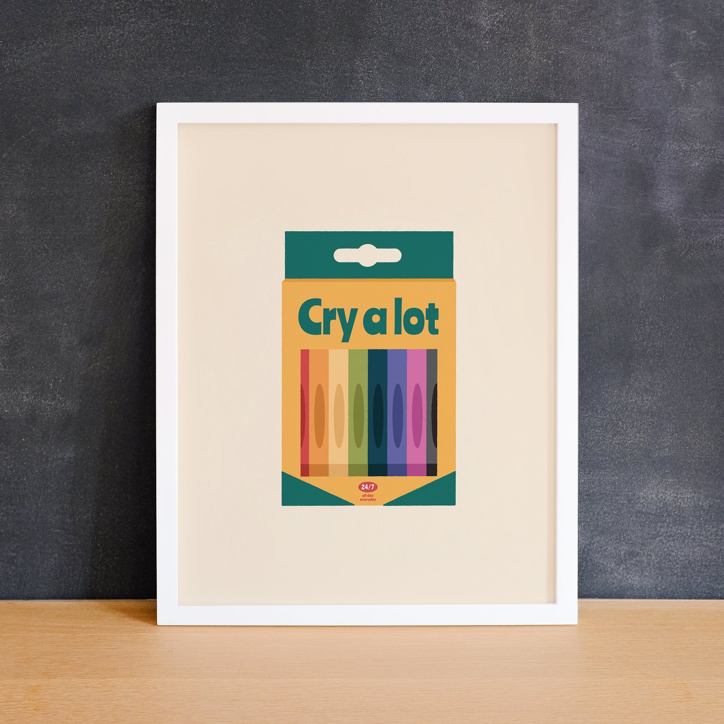Funny print of a crayon box with the text "Cry A Lot". Made in Canada by Mad Love Creative Co.