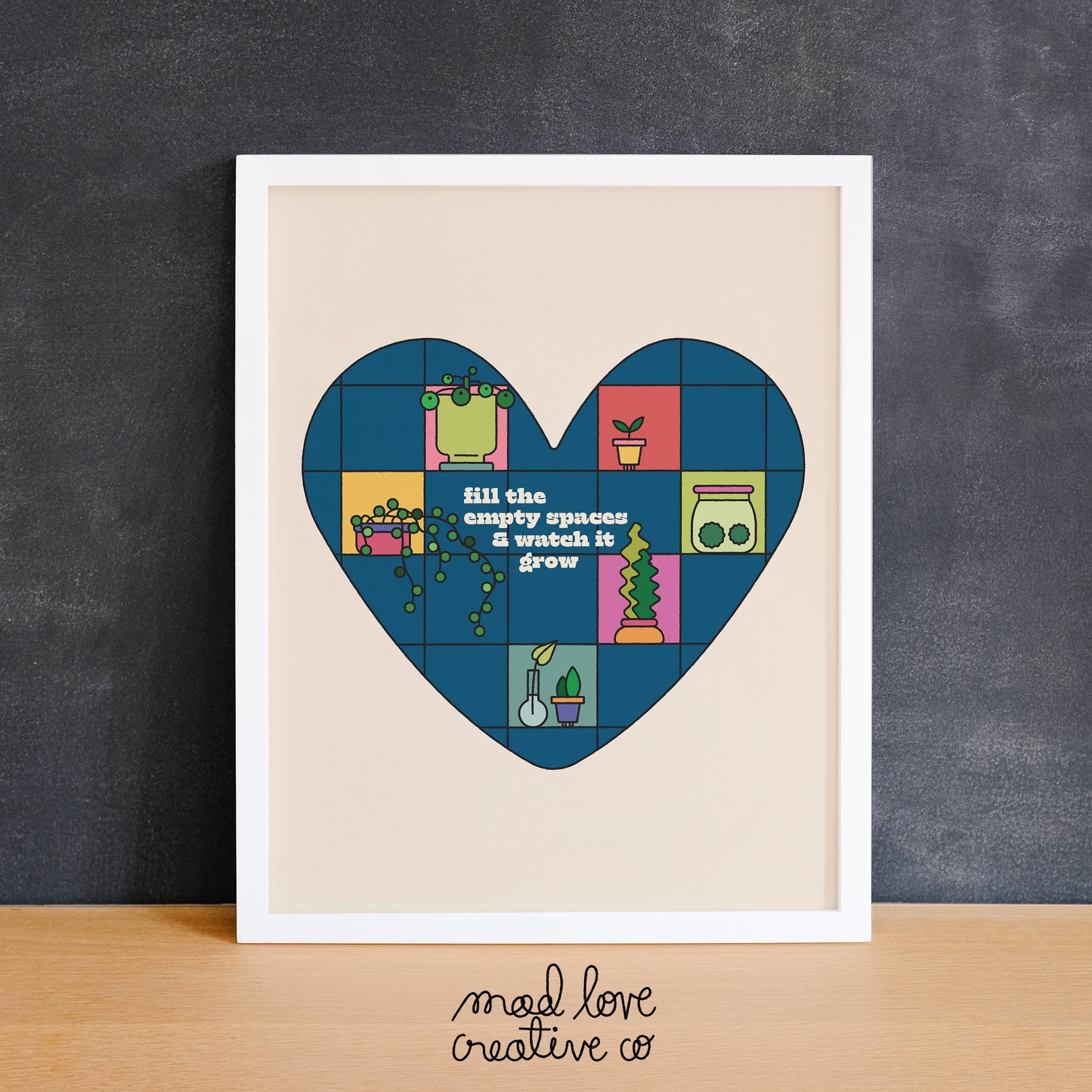 Fun art print featuring different house plants inside a heart. Made in Canada by Mad Love Creative Co.