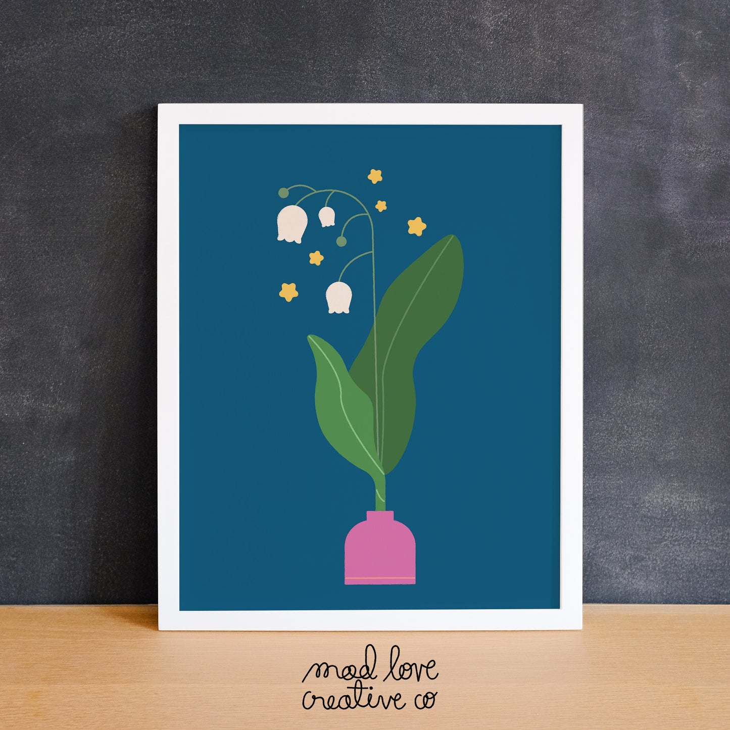 Bright coloured floral print featuring a lily of the valley and five gold stars. Made in Canada by Mad Love Creative Co.