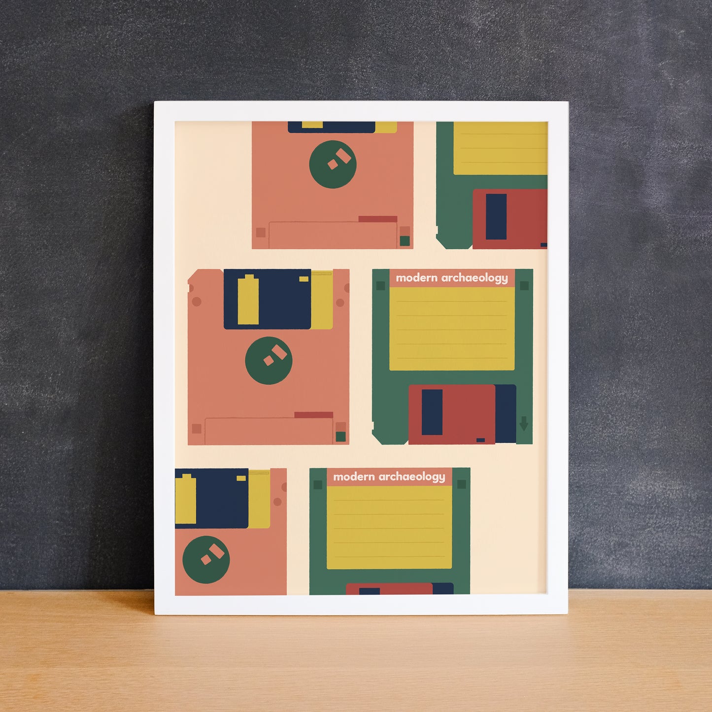 Retro technology print featuring colourful floppy disks. Made in Canada by Mad Love Creative Co.