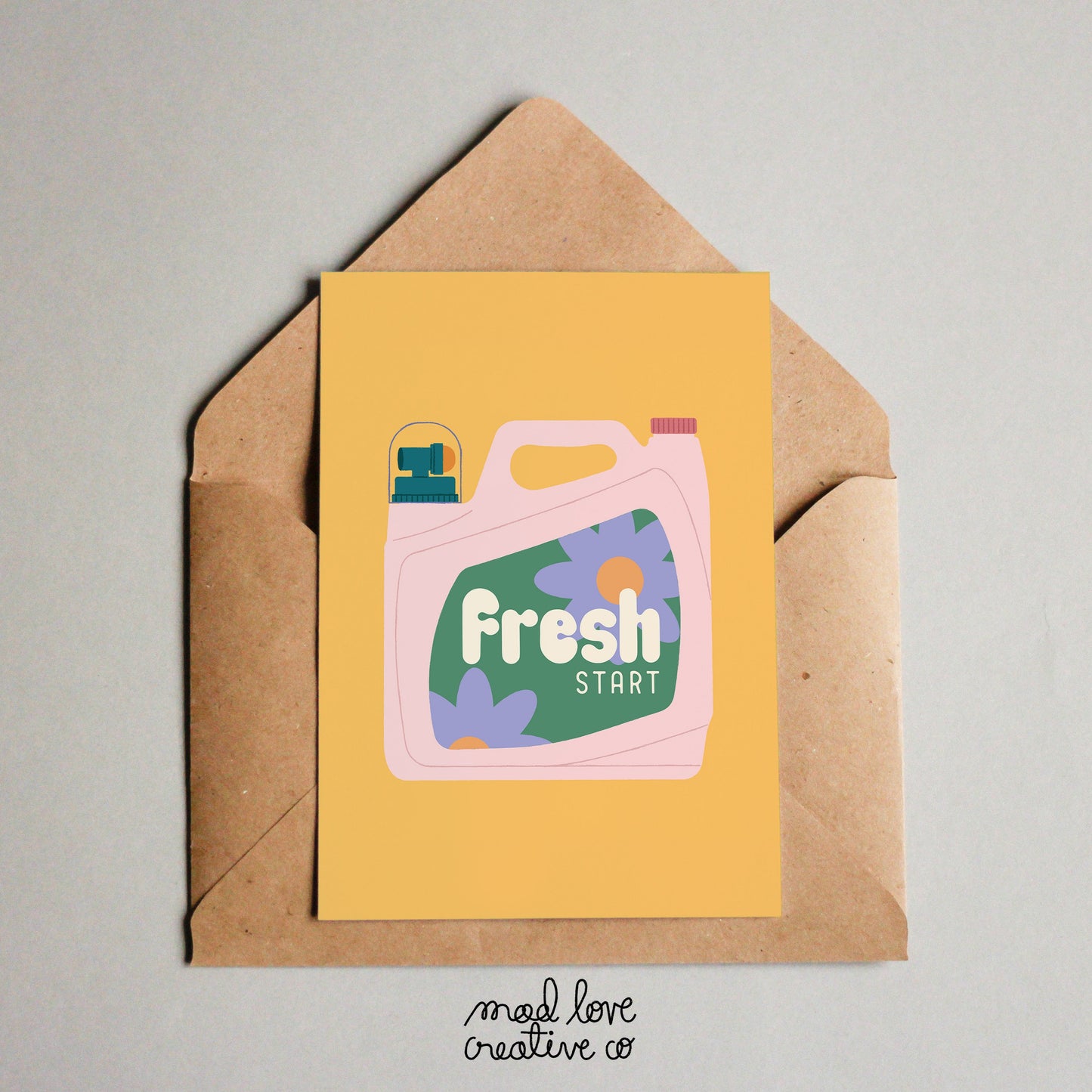 Cute restart or housewarming card of laundry detergent bottle that says "fresh start". Made in Canada by Mad Love Creative Co.
