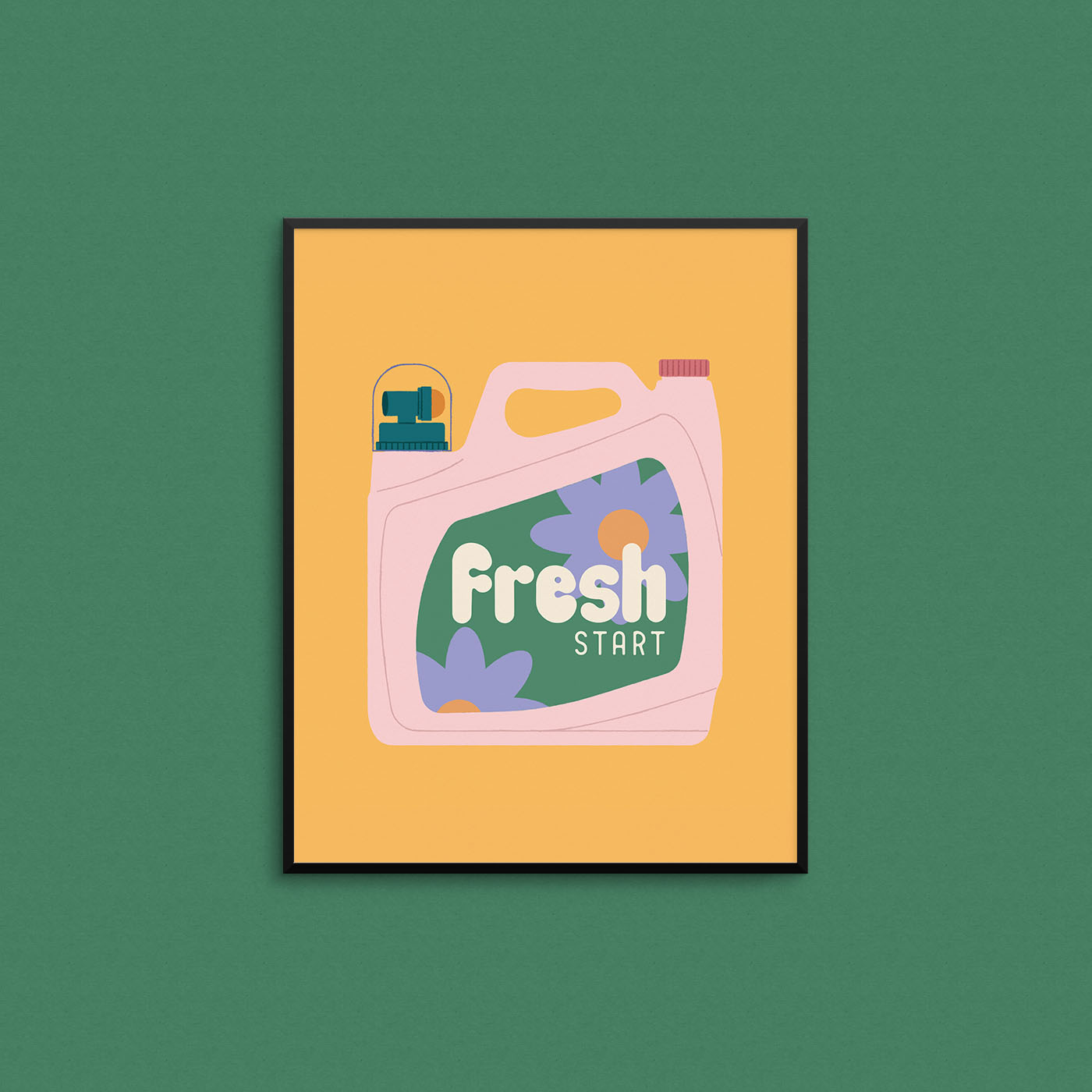 Print of a laundry detergent bottle on a yellow background with the phrase "fresh start". Made in Canada by Mad Love Creative Co.