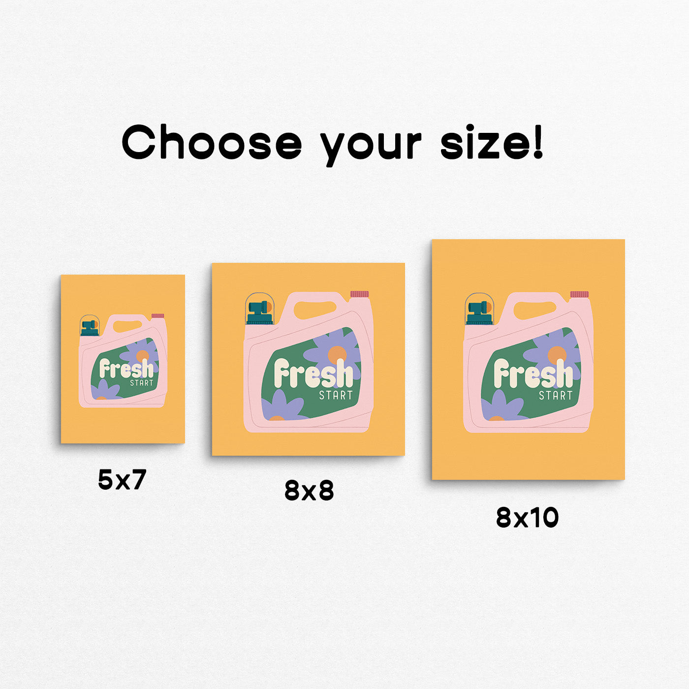 Print of a laundry detergent bottle on a yellow background with the phrase "fresh start". Made in Canada by Mad Love Creative Co.