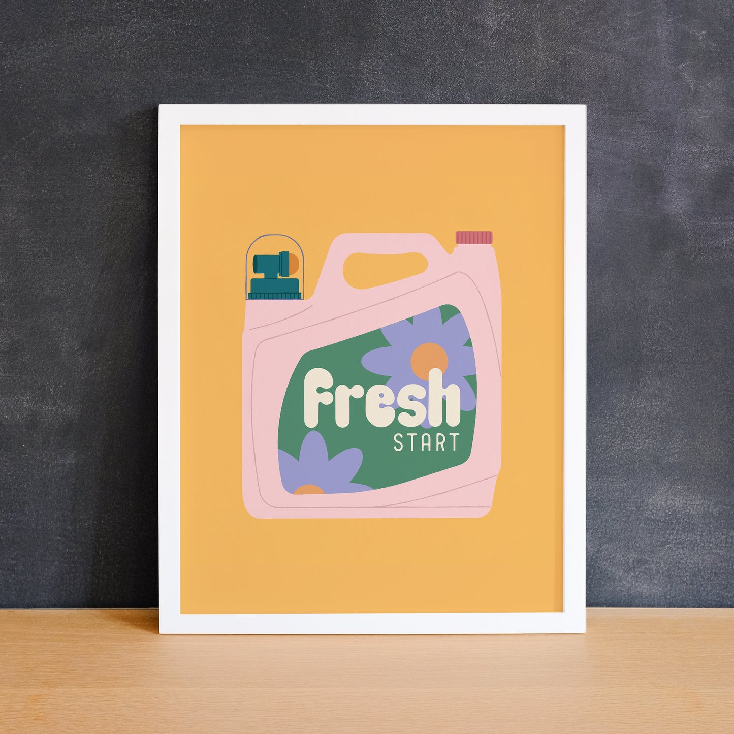 Print of a laundry detergent bottle on a yellow background with the phrase "fresh start". Made in Canada by Mad Love Creative Co.