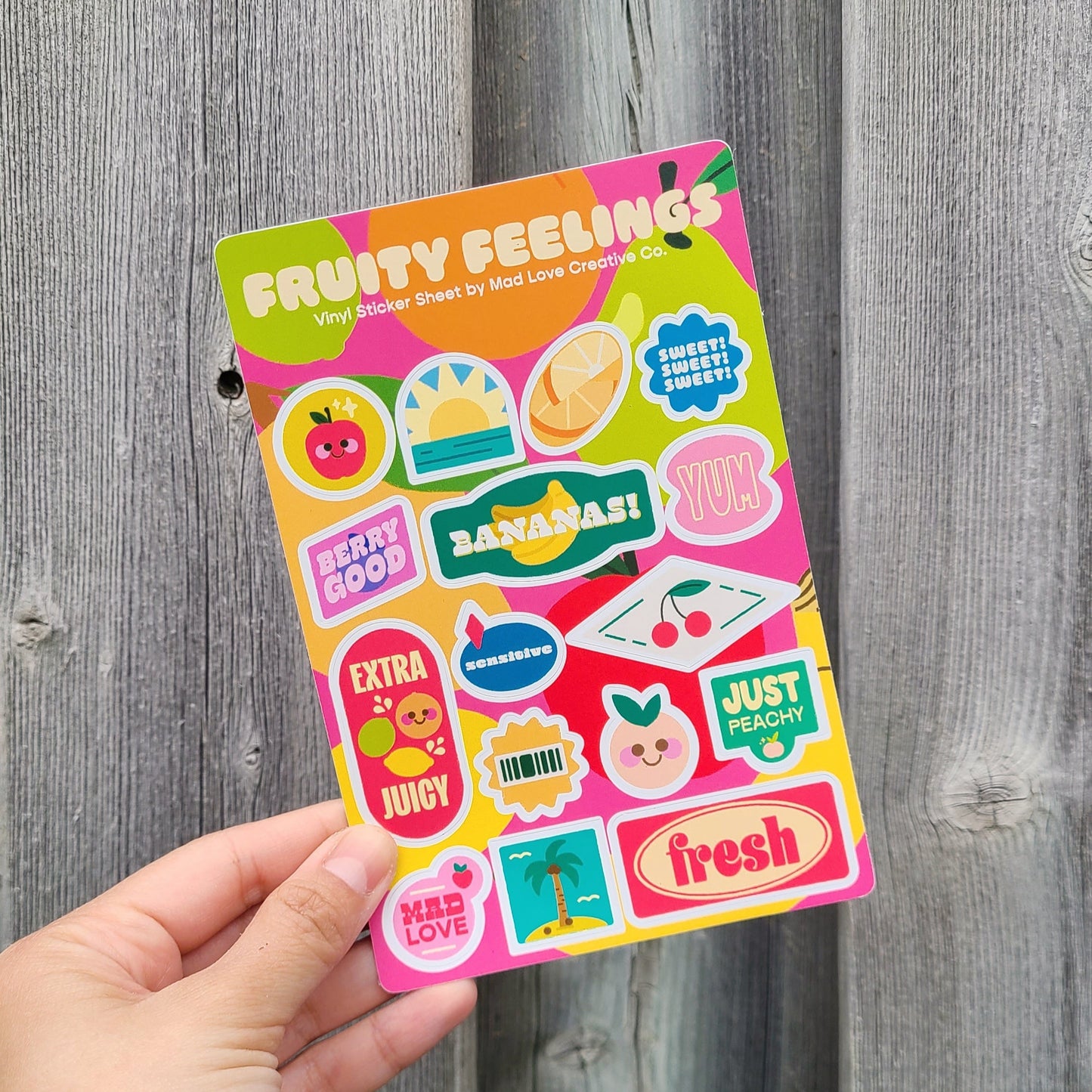 Cute fruit sticker-inspired sticker sheet. Made in Canada by Mad Love Creative Co.