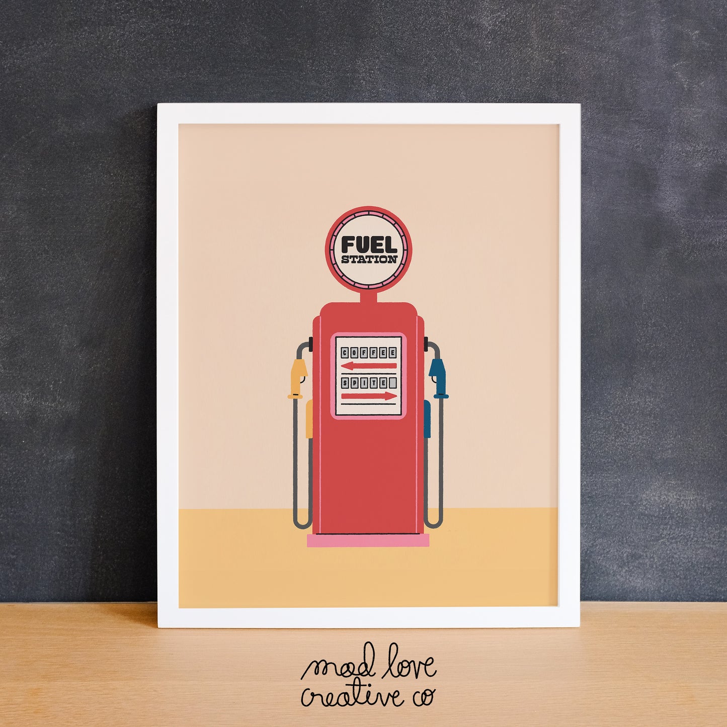 Funny print featuring a retro gas pump with coffee and spite as options. Made in Canada by Mad Love Creative Co.