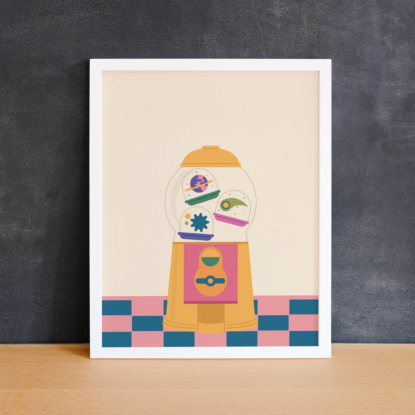 Bright coloured print of a capsule machine with galaxy themed capsules. Made in Canada by Mad Love Creative Co.