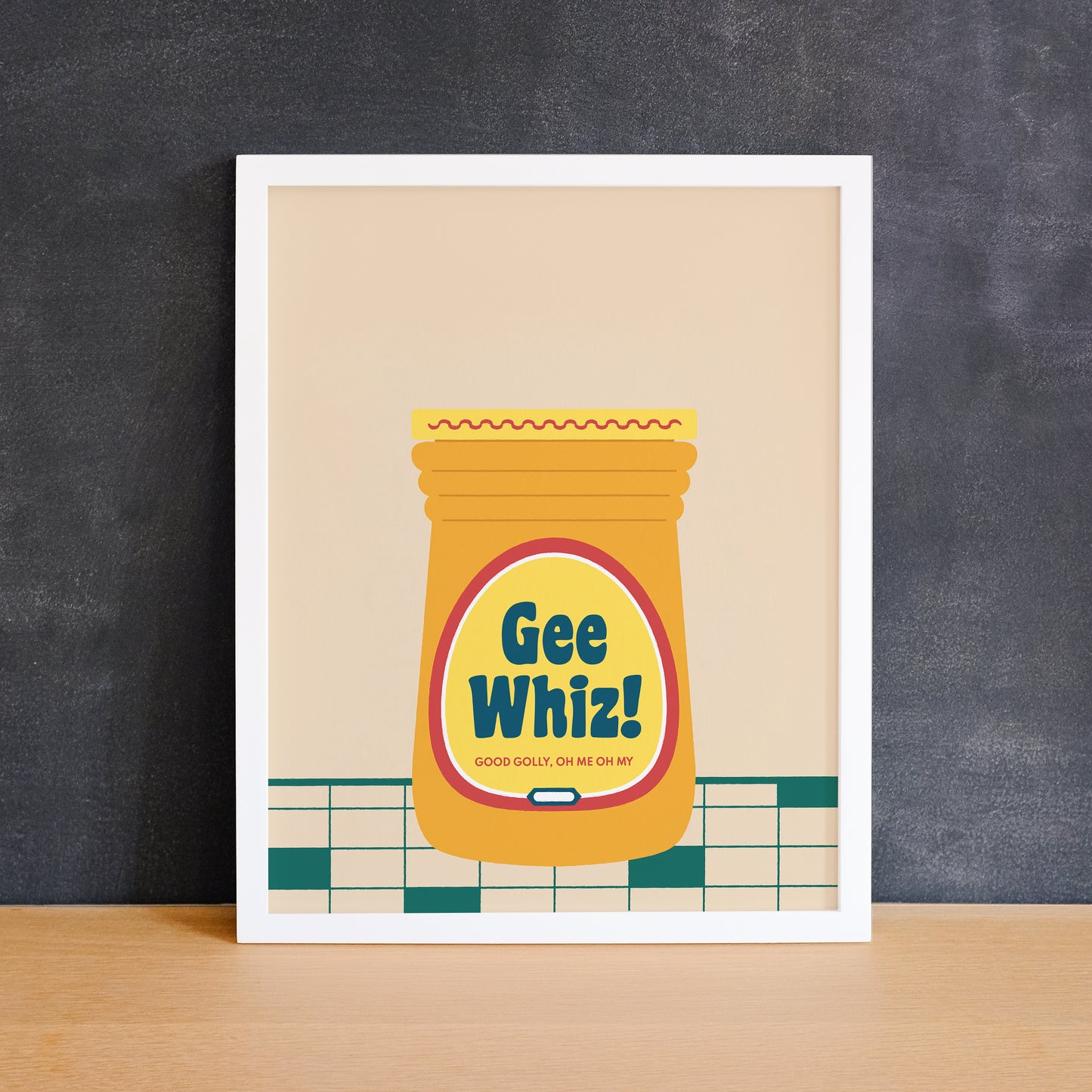 Fun food theme print of a cheese whiz bottle that says "gee whiz!". Made in Canada by Mad Love Creative Co.
