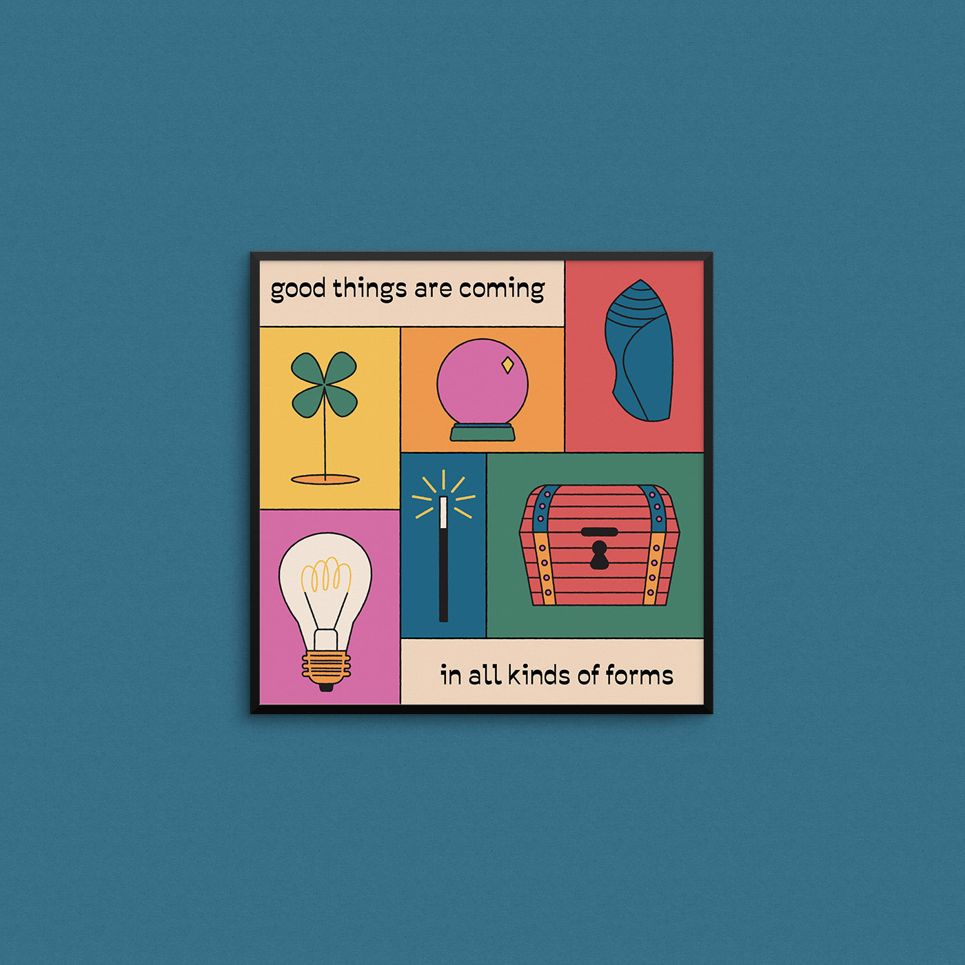 Colourful print of a number of lucky symbols with the text "good things are coming in all kinds of forms". Made in Canada by Mad Love Creative Co.