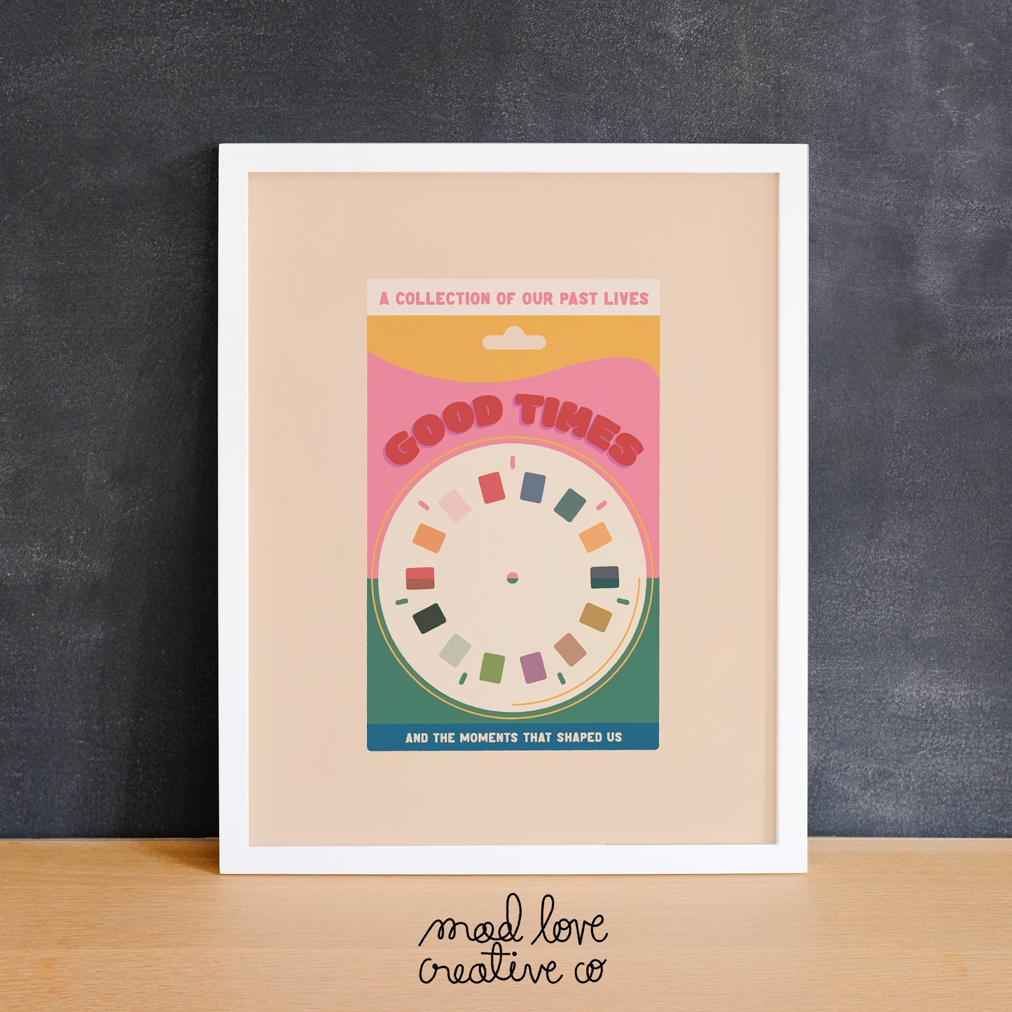 Colourful print of a retro viewmaster disk with the text "good times". Made in Canada by Mad Love Creative Co.