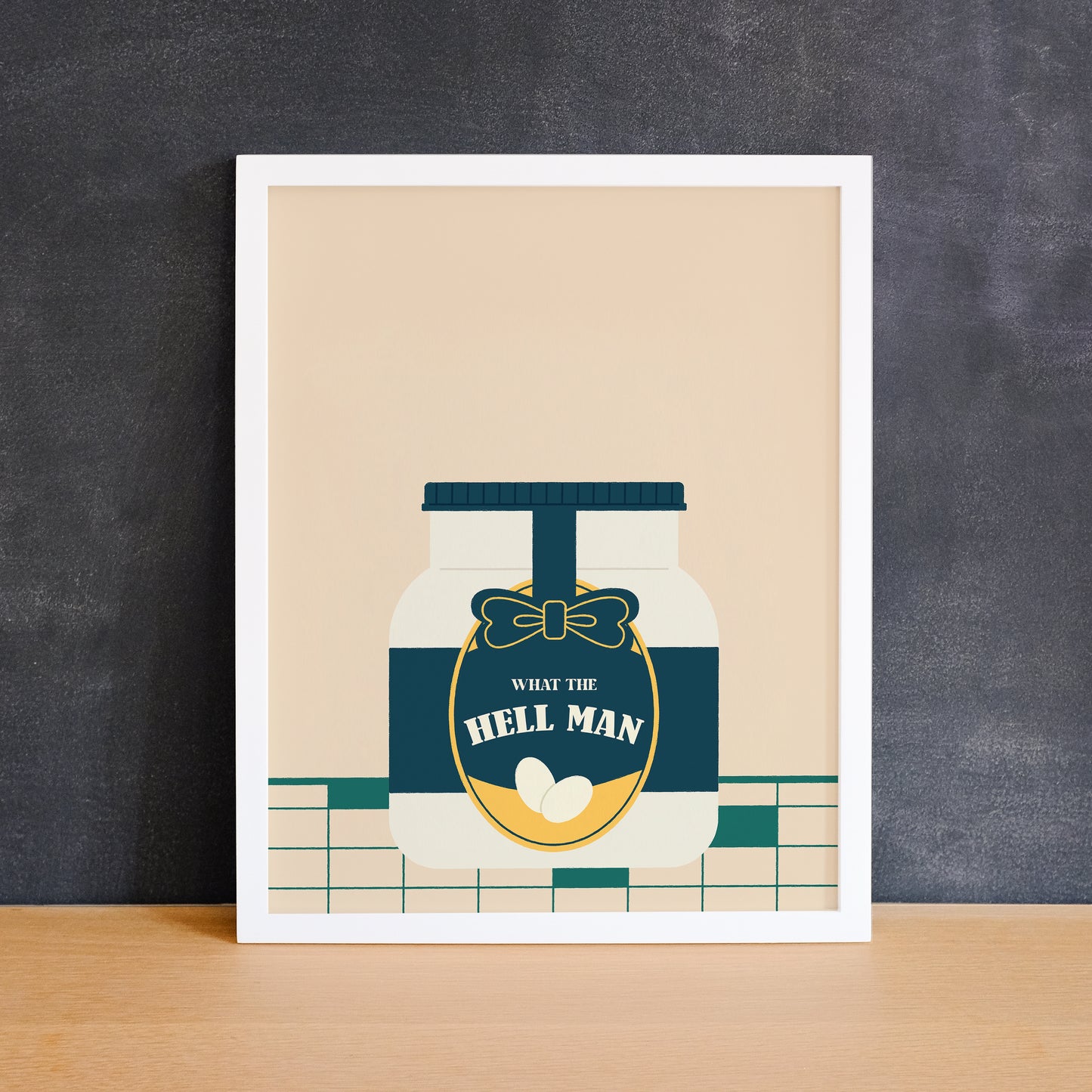 Funny food theme print of a mayonnaise jar with the phrase "what the hell man". Made in Canada by Mad Love Creative Co.