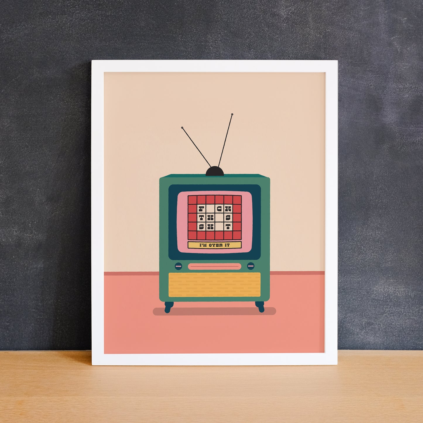 Print of a retro TV with a Wheel Of Fortune themed puzzle. Made in Canada by Mad Love Creative Co.