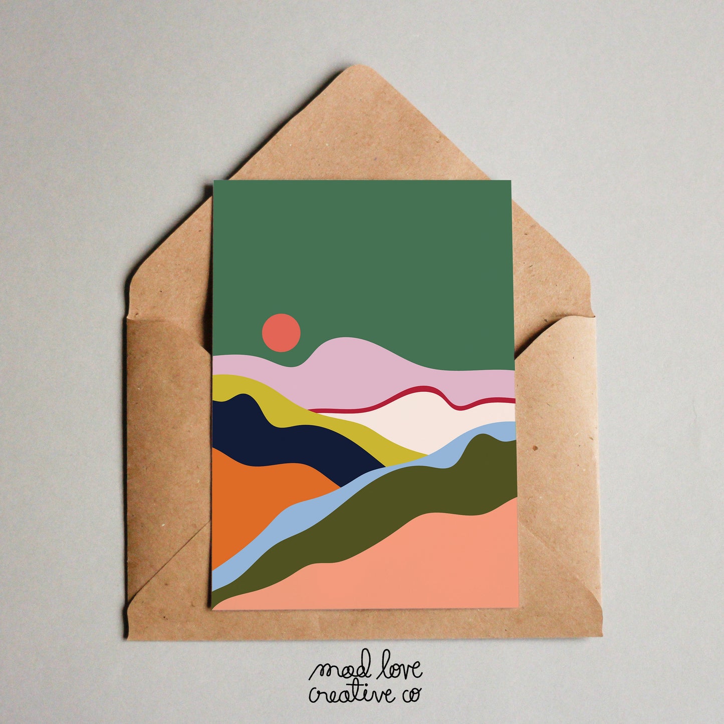 Blank, any occasion card featuring colourful abstract mountains. Made in Canada by Mad Love Creative Co.