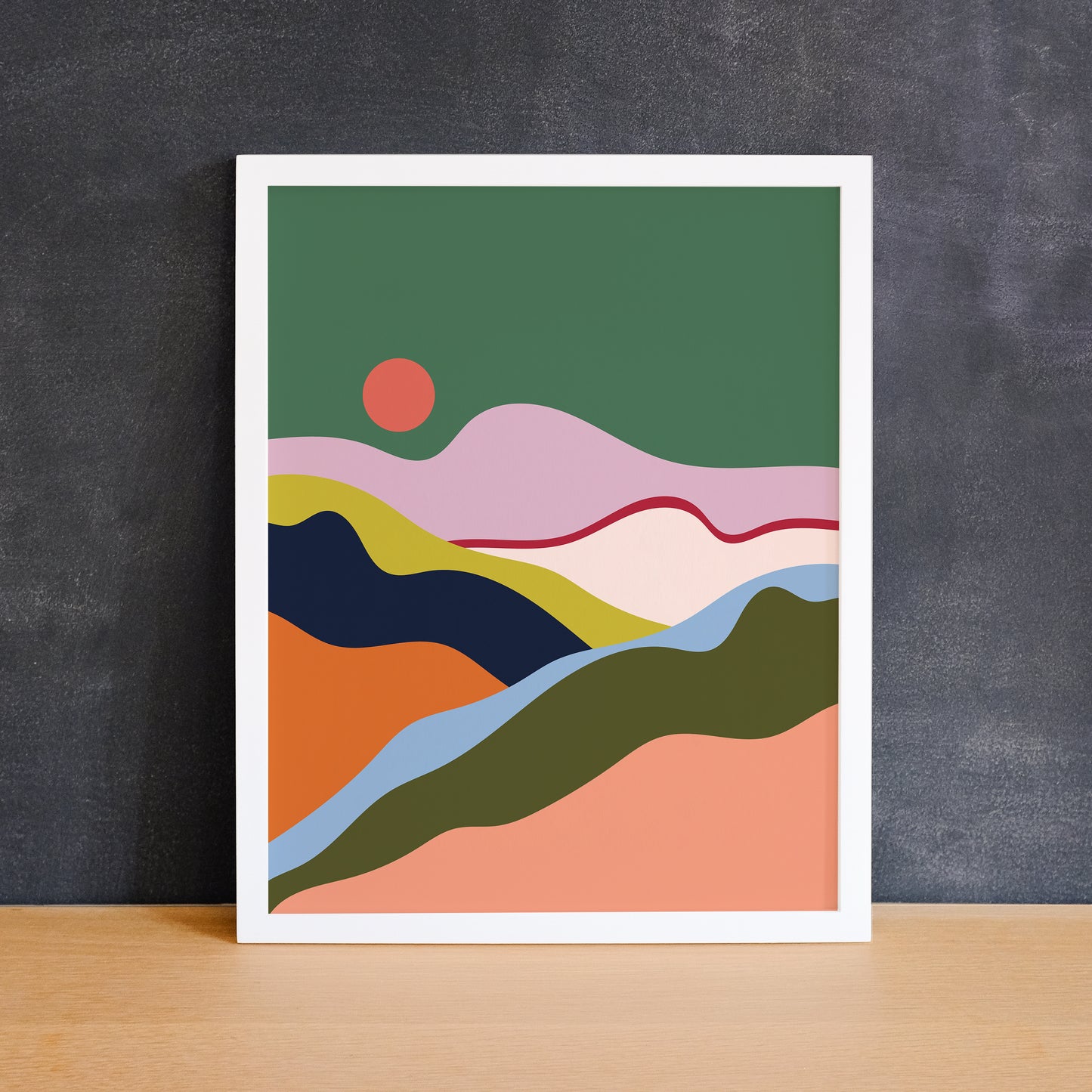 Colourful abstract landscape print with a sun and mountains. Made in Canada by Mad Love Creative Co.