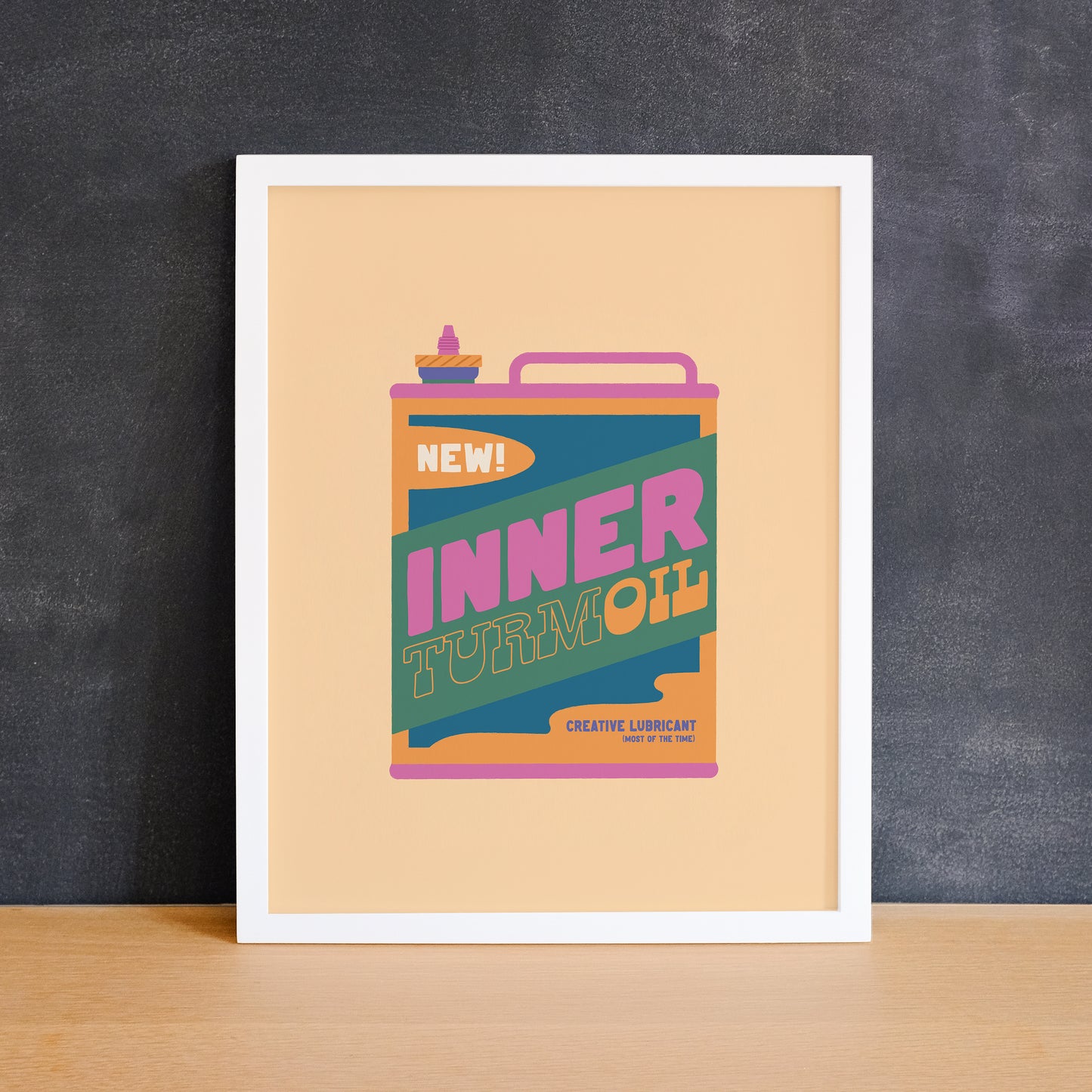 Funny typographic print of an oil can with the phrase "inner turmoil". Made in Canada by Mad Love Creative Co.