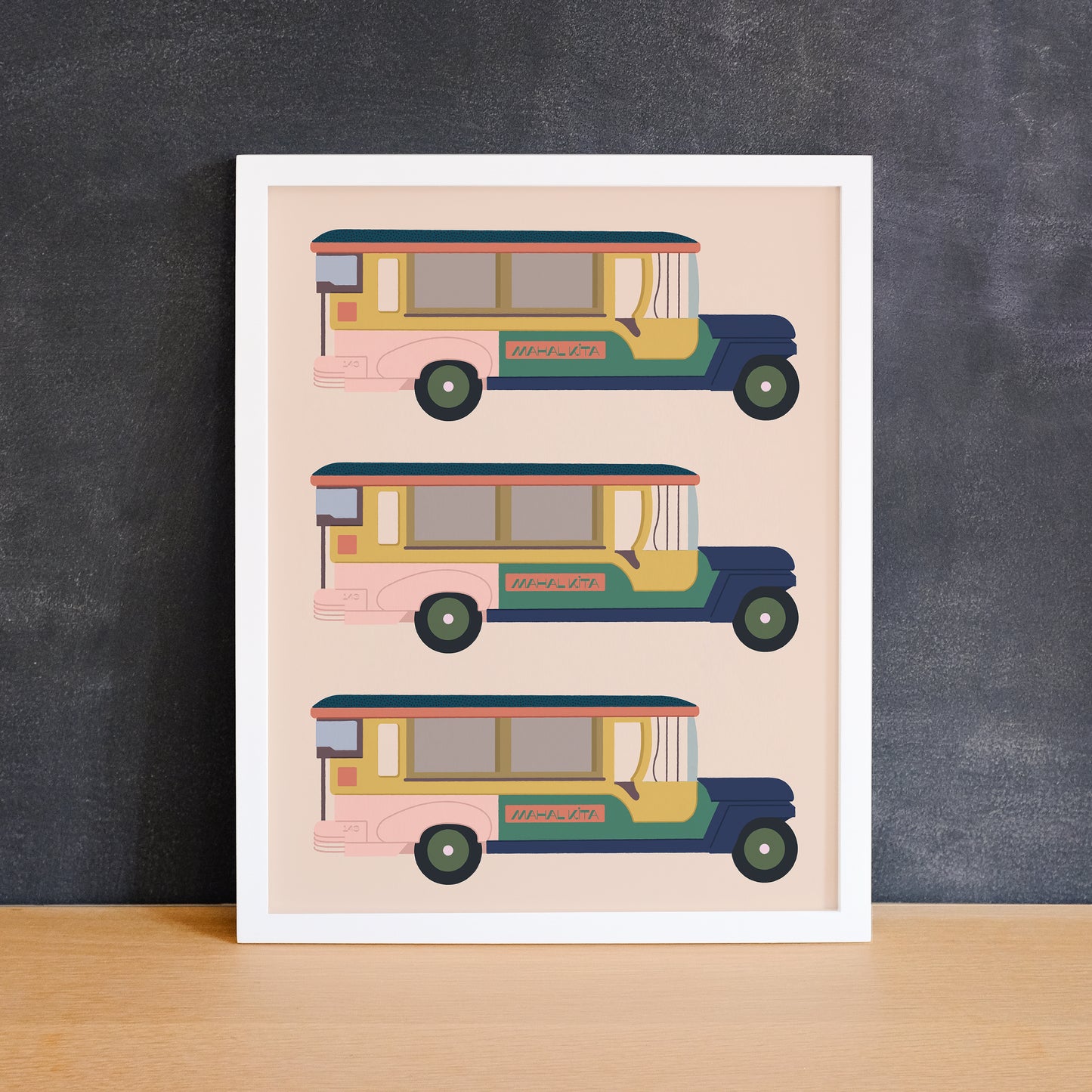 Fun print of a Filipino jeepney with the phrase "mahal kita". Made in Canada by Mad Love Creative Co.