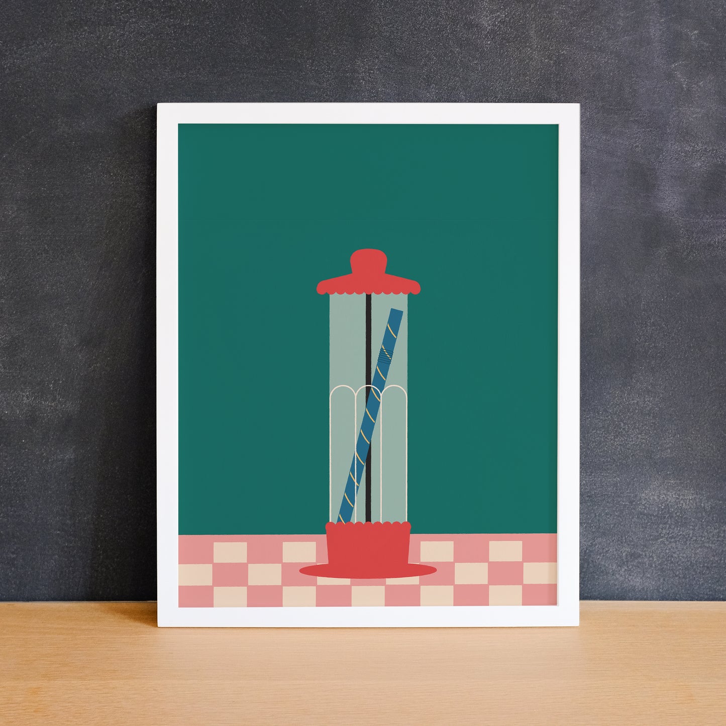 Print of a retro straw dispenser on a green background with a pink checkered floor. Made in Canada by Mad Love Creative Co.