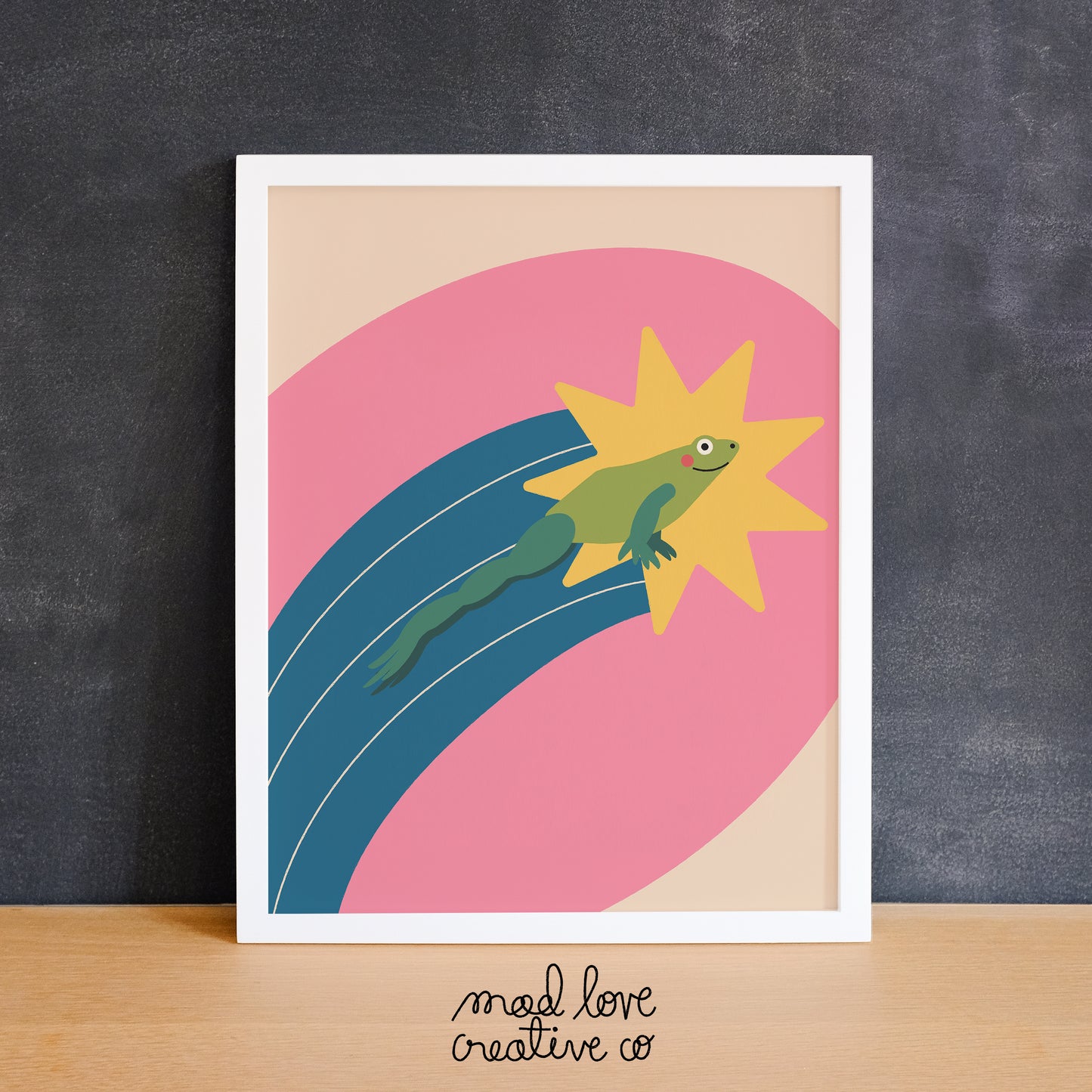 Bright print of a frog jumping. Made in Canada by Mad Love Creative Co.