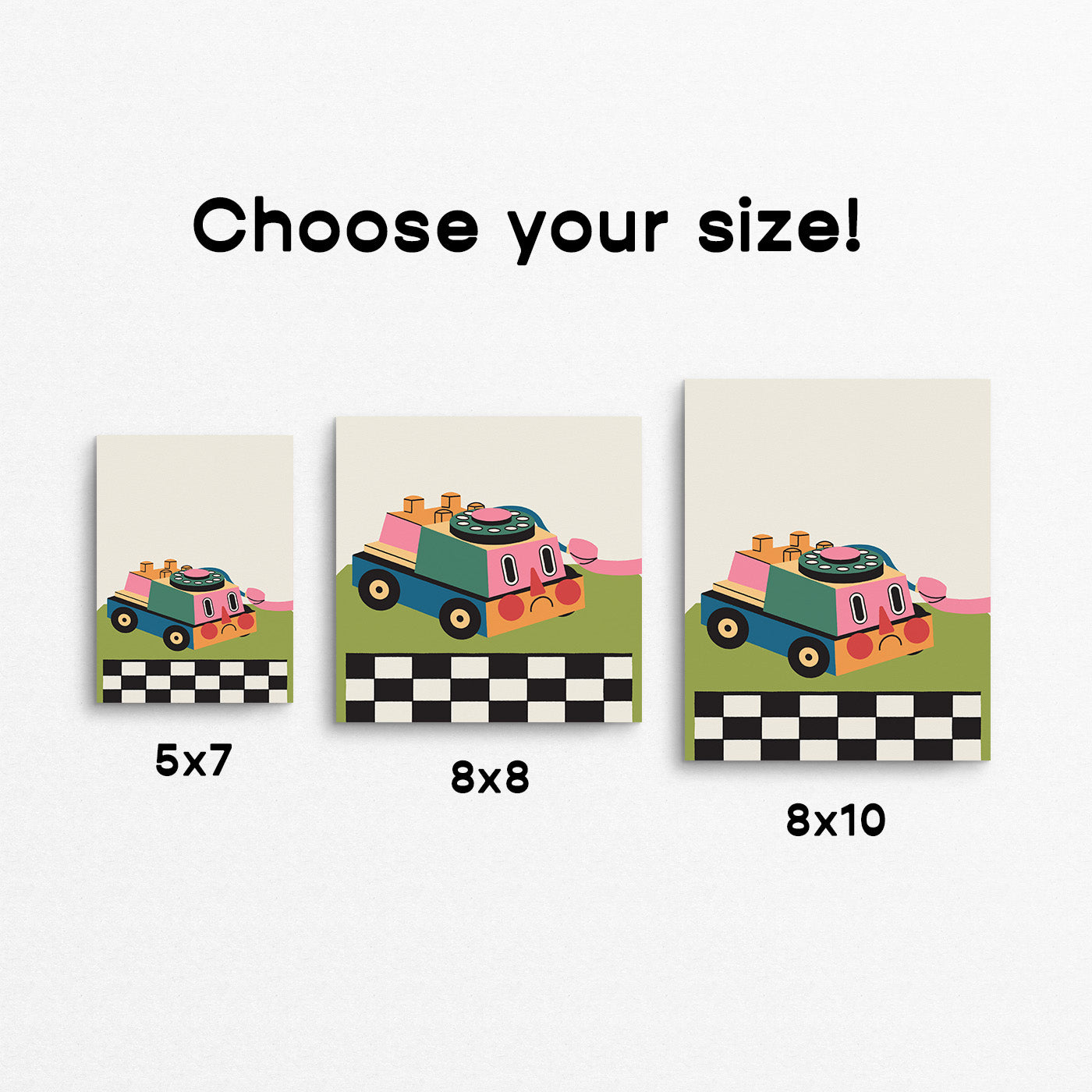 Funny print of a kid's toy phone with the receiver hanging off. Made in Canada by Mad Love Creative Co.