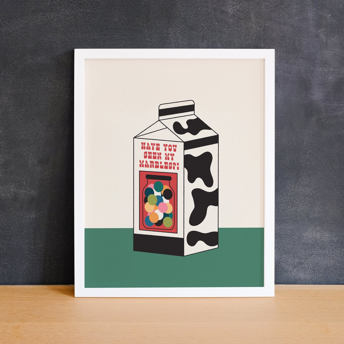 Funny print of a milk carton with a missing sign on the side with marbles and the text "have you seen my marbles". Made in Canada by Mad Love Creative Co.