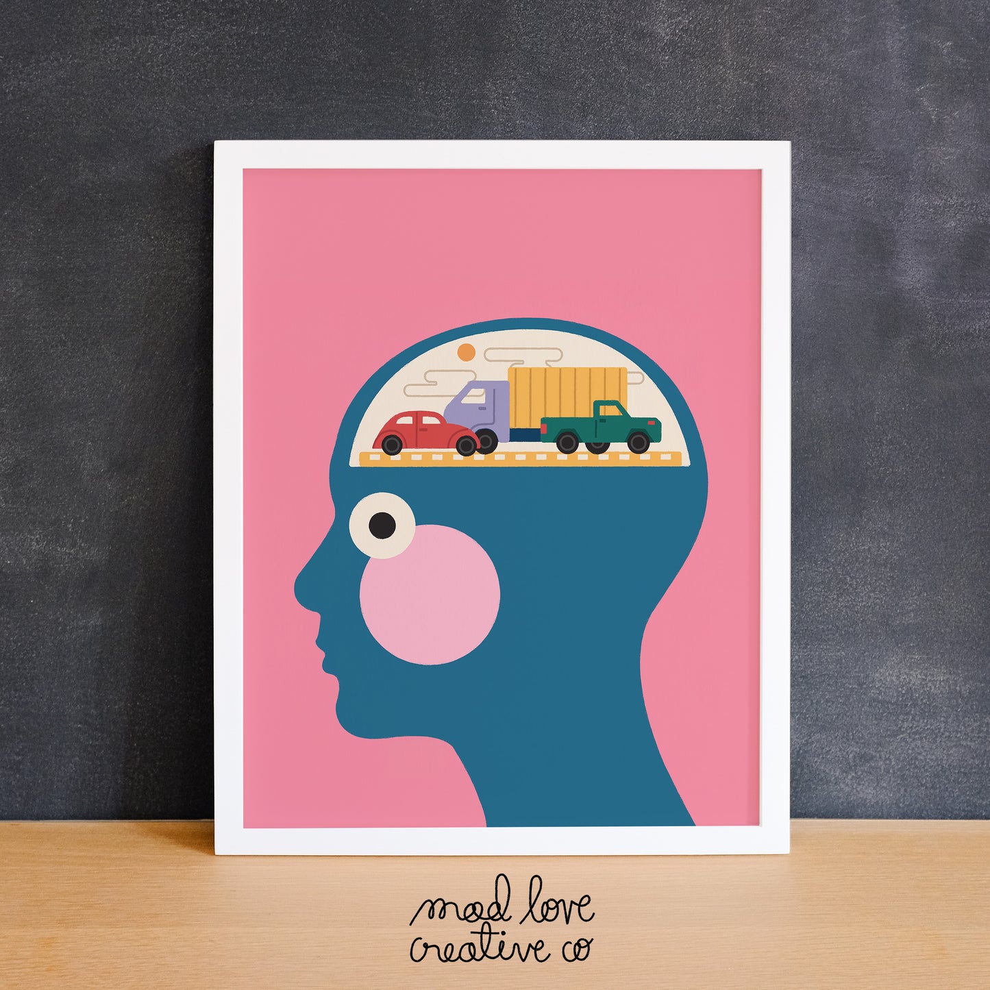 Mental health print of face and brain with car traffic. Made in Canada by Mad Love Creative Co.