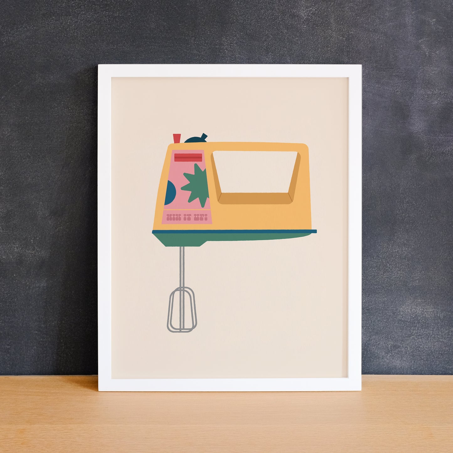 Print of a retro hand mixer with the phrase "mix it up". Made in Canada by Mad Love Creative Co.