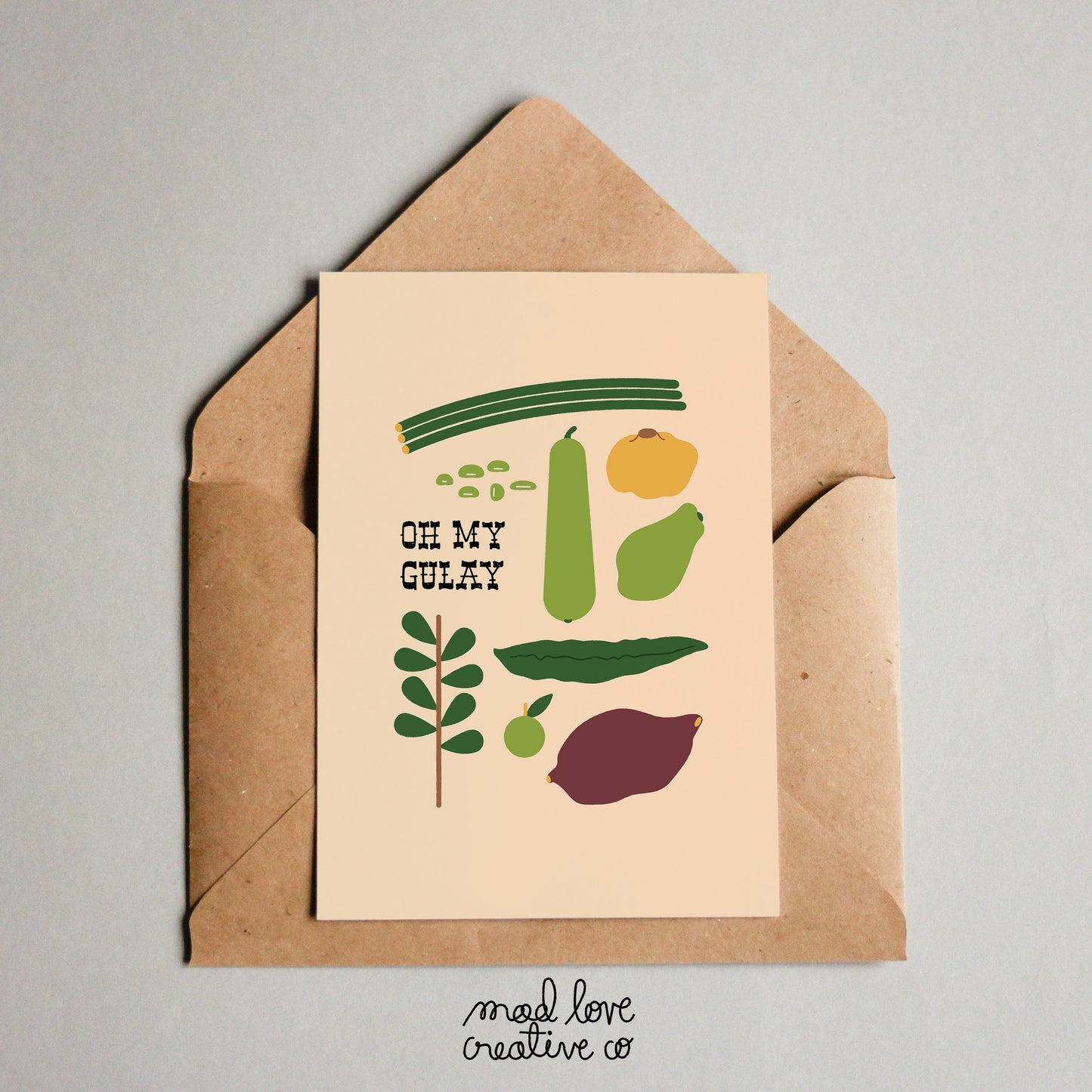 Filipino food-theme greeting card with vegetables and the phrase "oh my gulay". Made in Canada by Mad Love Creative Co.
