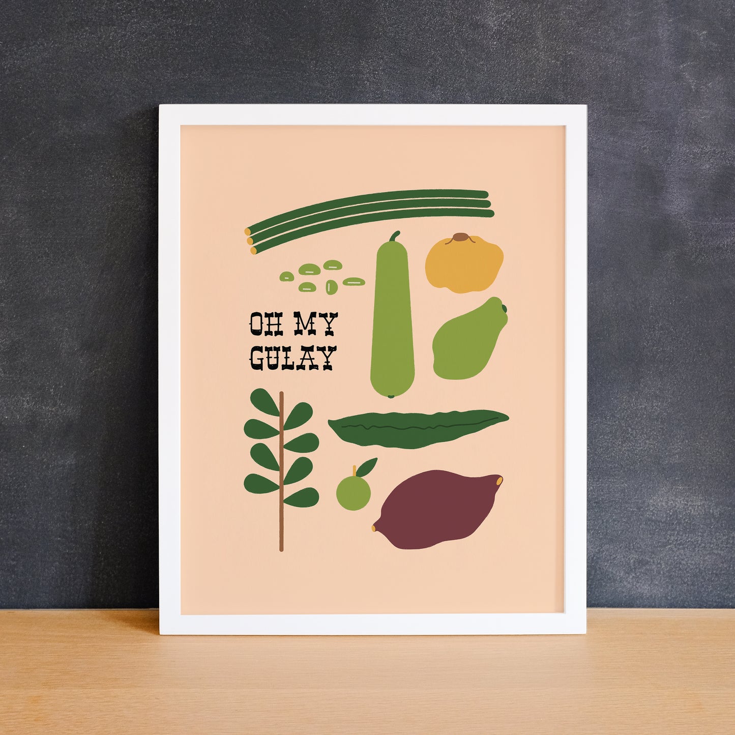 Fun print featuring vegetables commonly used in Filipino cooking with the phrase "oh my gulay". Made in Canada by Mad Love Creative Co.