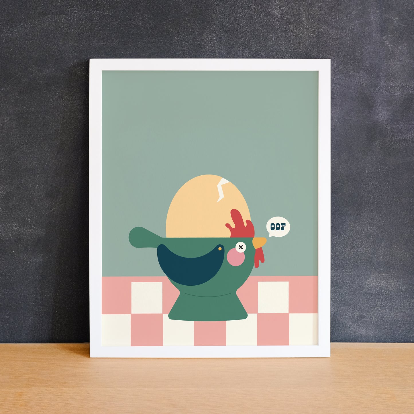 Funny print of an egg cup with a broken egg based on the similar words oof and oeuf. Made in Canada by Mad Love Creative Co.