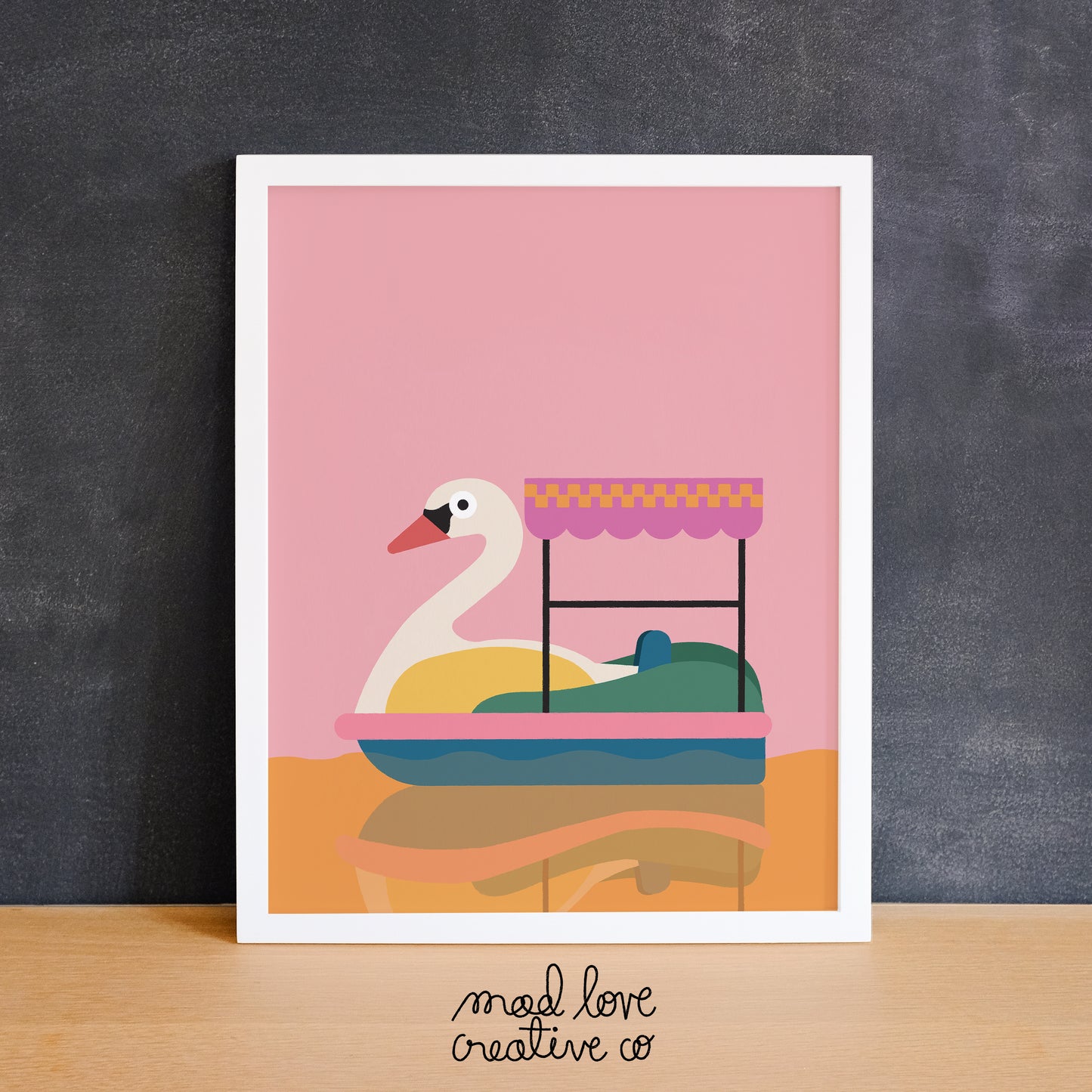 Colouful print of a nostalgic swan paddle boat. Made in Canada by Mad Love Creative Co.