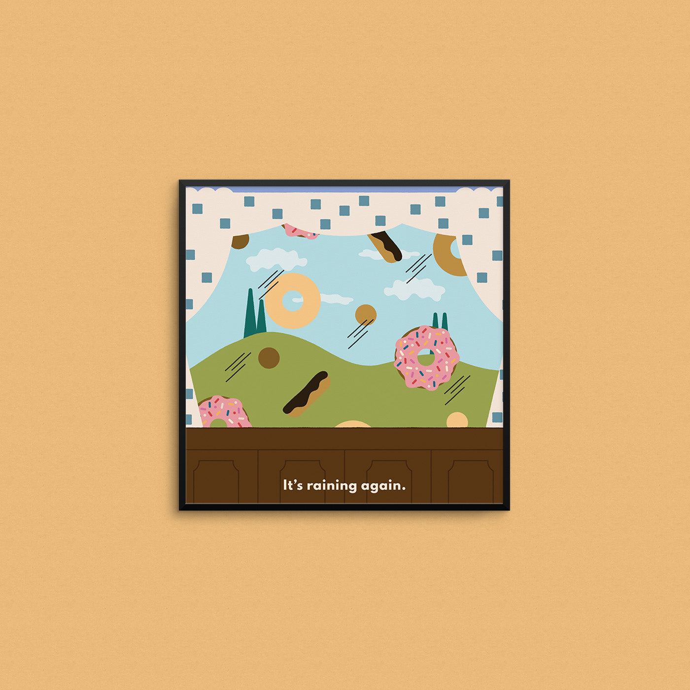 Fun Simpsons-inspired print with falling donuts with the text "it's raining again". Made in Canada by Mad Love Creative Co.