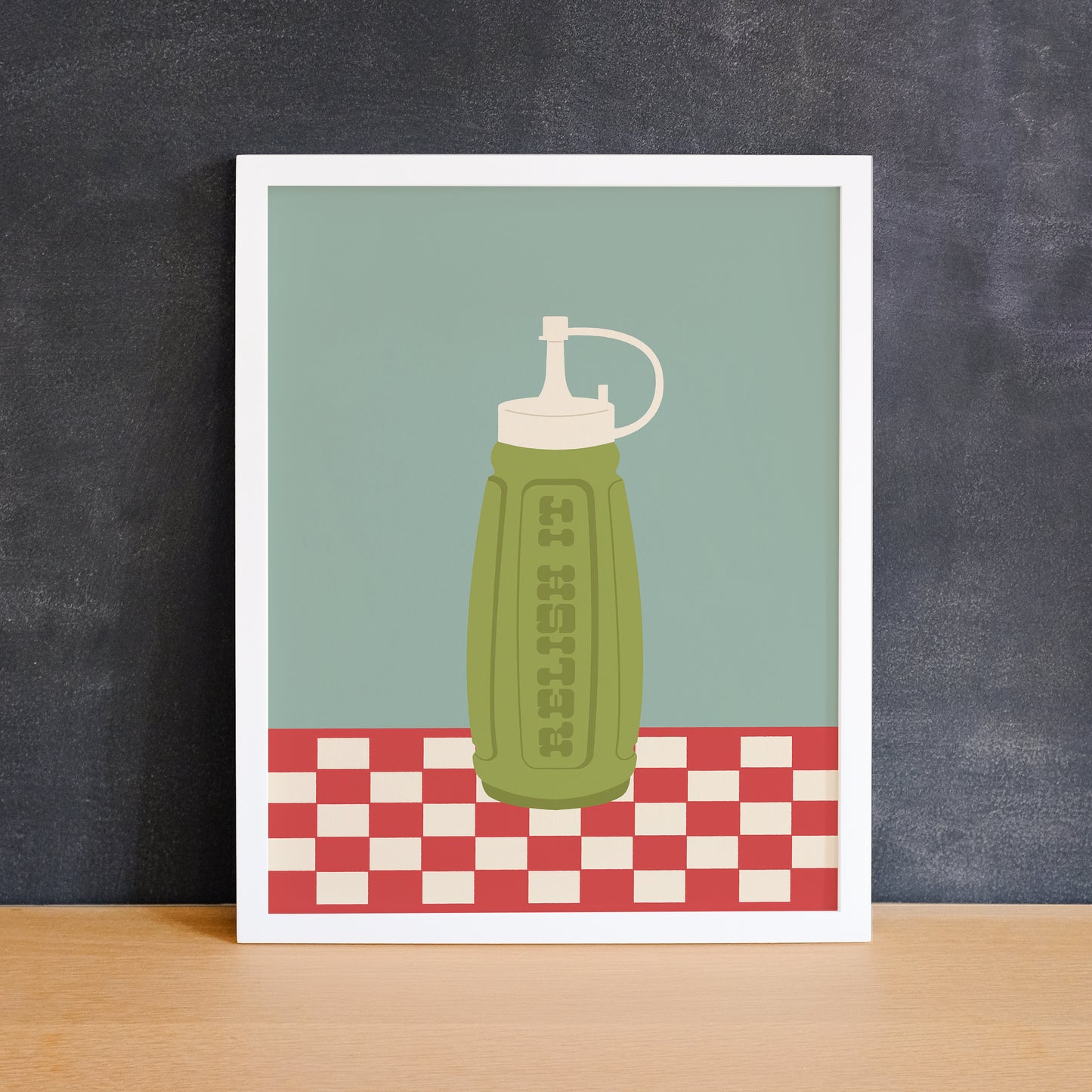 Fun print of a green condiment bottle with the phrase "relish it". Made in Canada by Mad Love Creative Co.