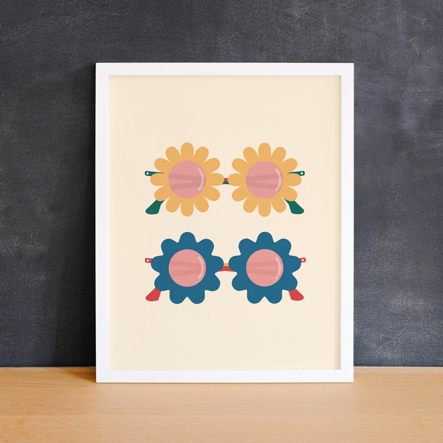 Fun print of rose-coloured glasses with flower frames. Made in Canada by Mad Love Creative Co.