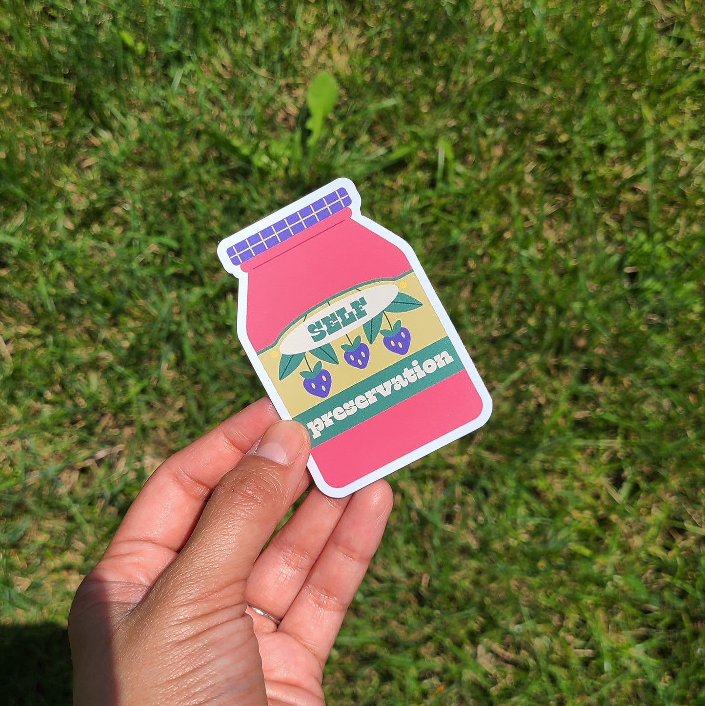 Jam jar magnet with the text "Self Preservation". Made in Canada by Mad Love Creative Co.