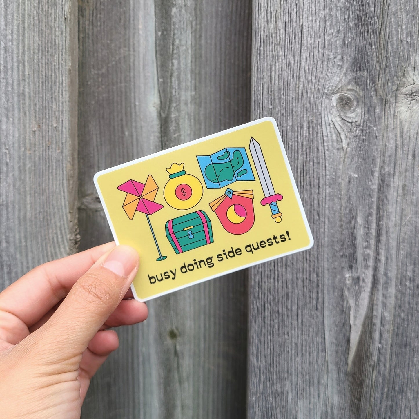 Quirky video game inspired sticker for side quests lovers. Made in Canada by Mad Love Creative Co.