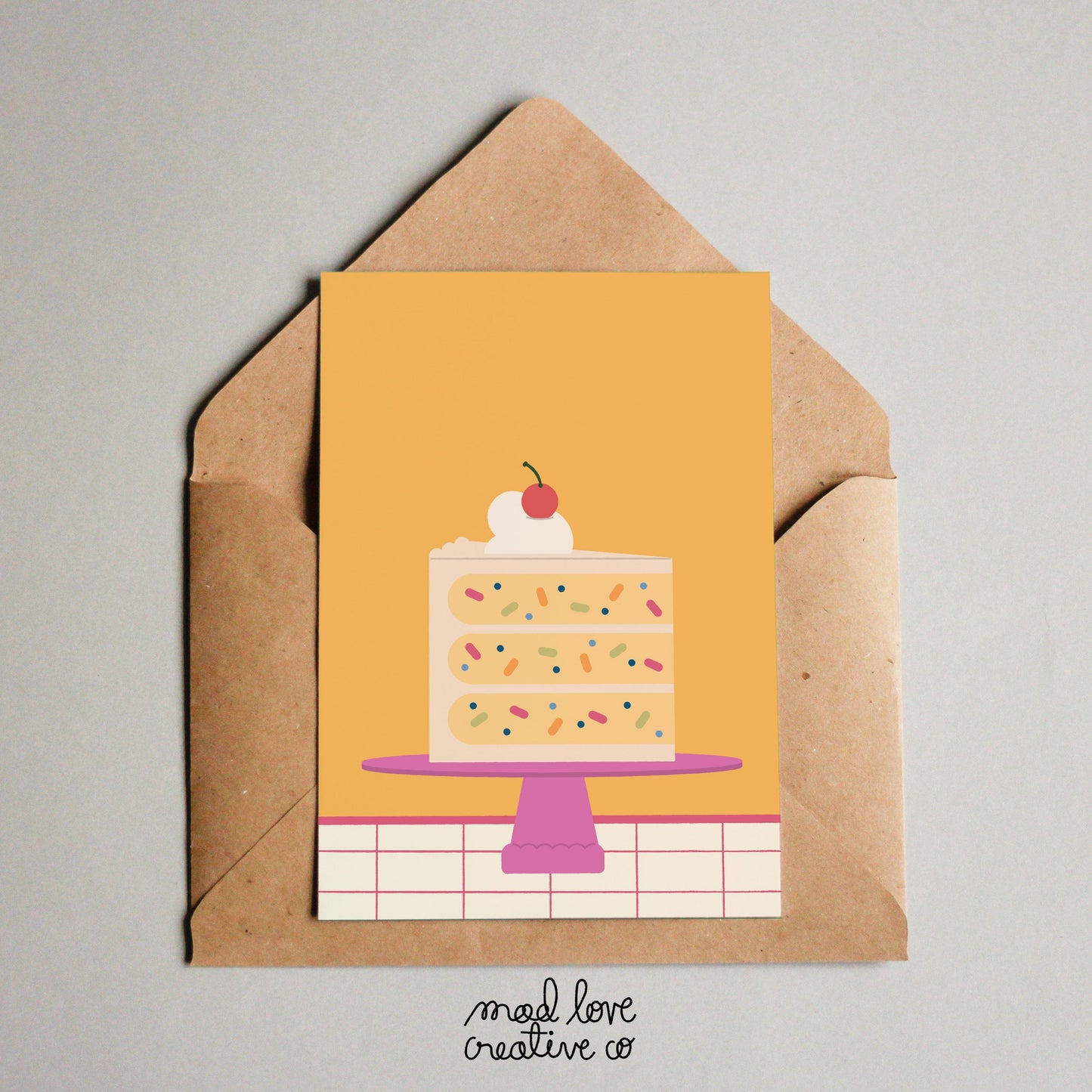Cute card featuring a slice of confetti cake with a cherry on top. Made in Canada by Mad Love Creative Co.