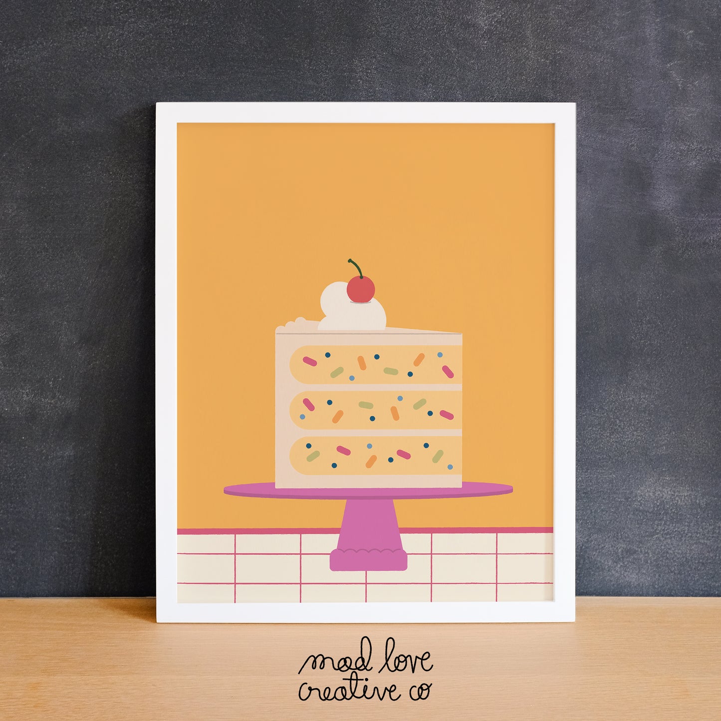 Fun print of a slice of confetti cake on a cute pink tray. Made in Canada by Mad Love Creative Co.